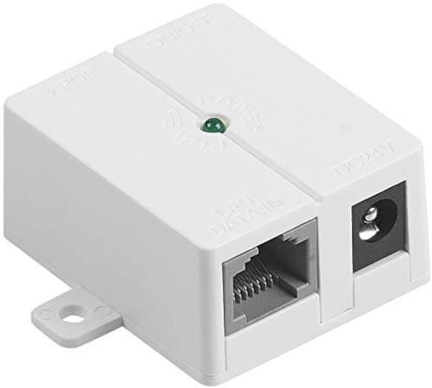 Ein weißes Netzwerkgerät mit grünem Licht. Hat Anschlüsse für Strom und Netzwerk.