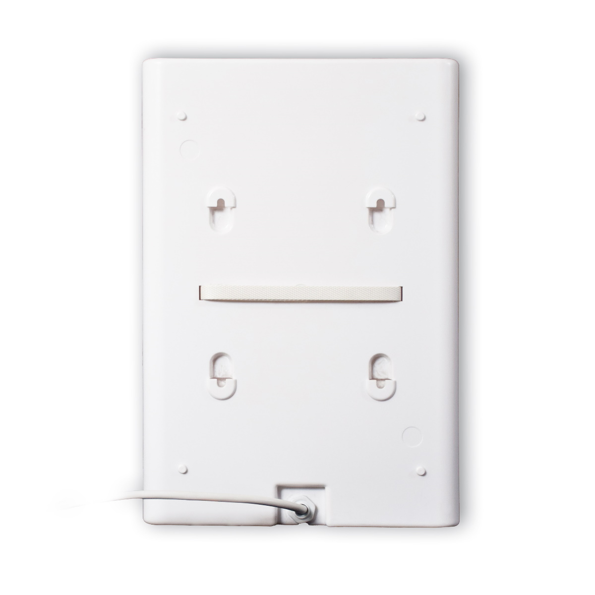 Eine weiße Wandhalterung mit Haken, ein weißes Kabel und ein weißes Rechteck. Der Hintergrund ist weiß.