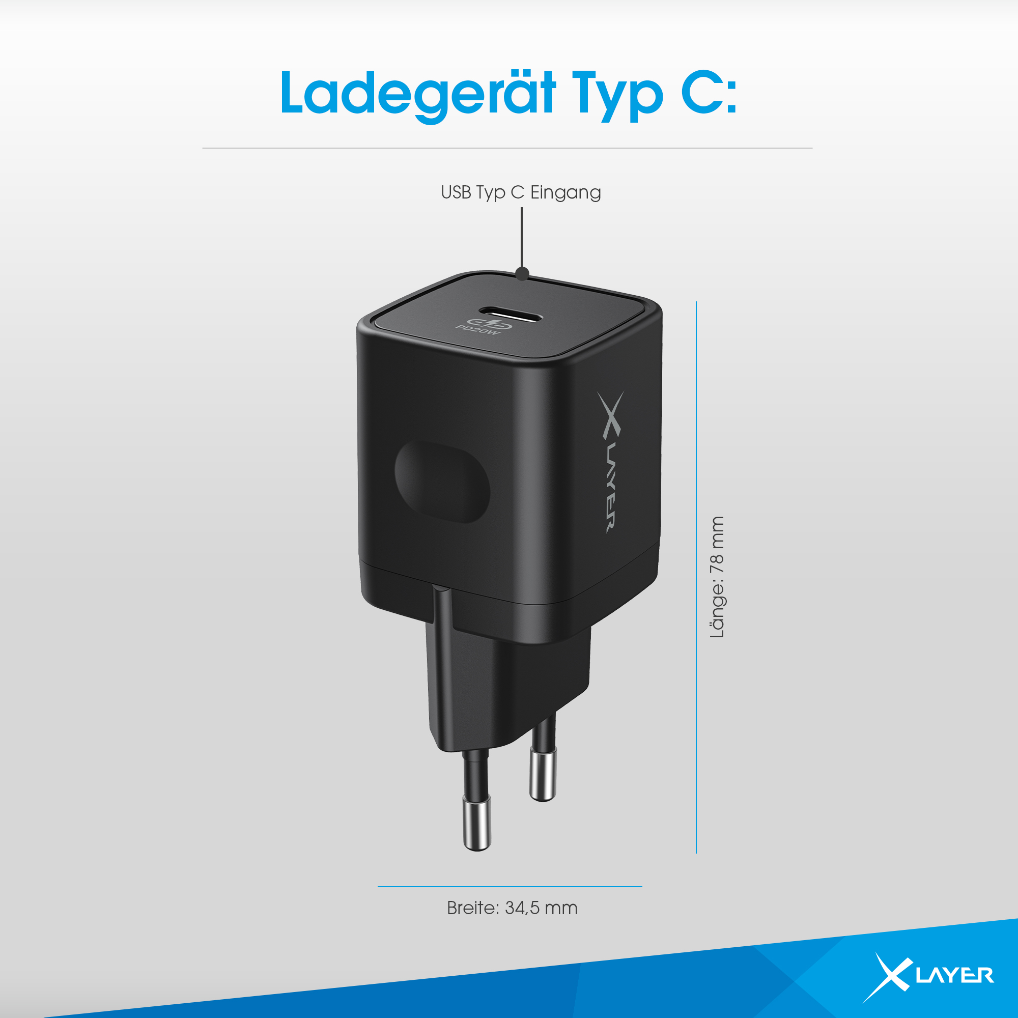 Schwarzes Telefonladegerät mit Stecker. Das Ladegerät hat einen USB-C-Eingang. Weißer Hintergrund.