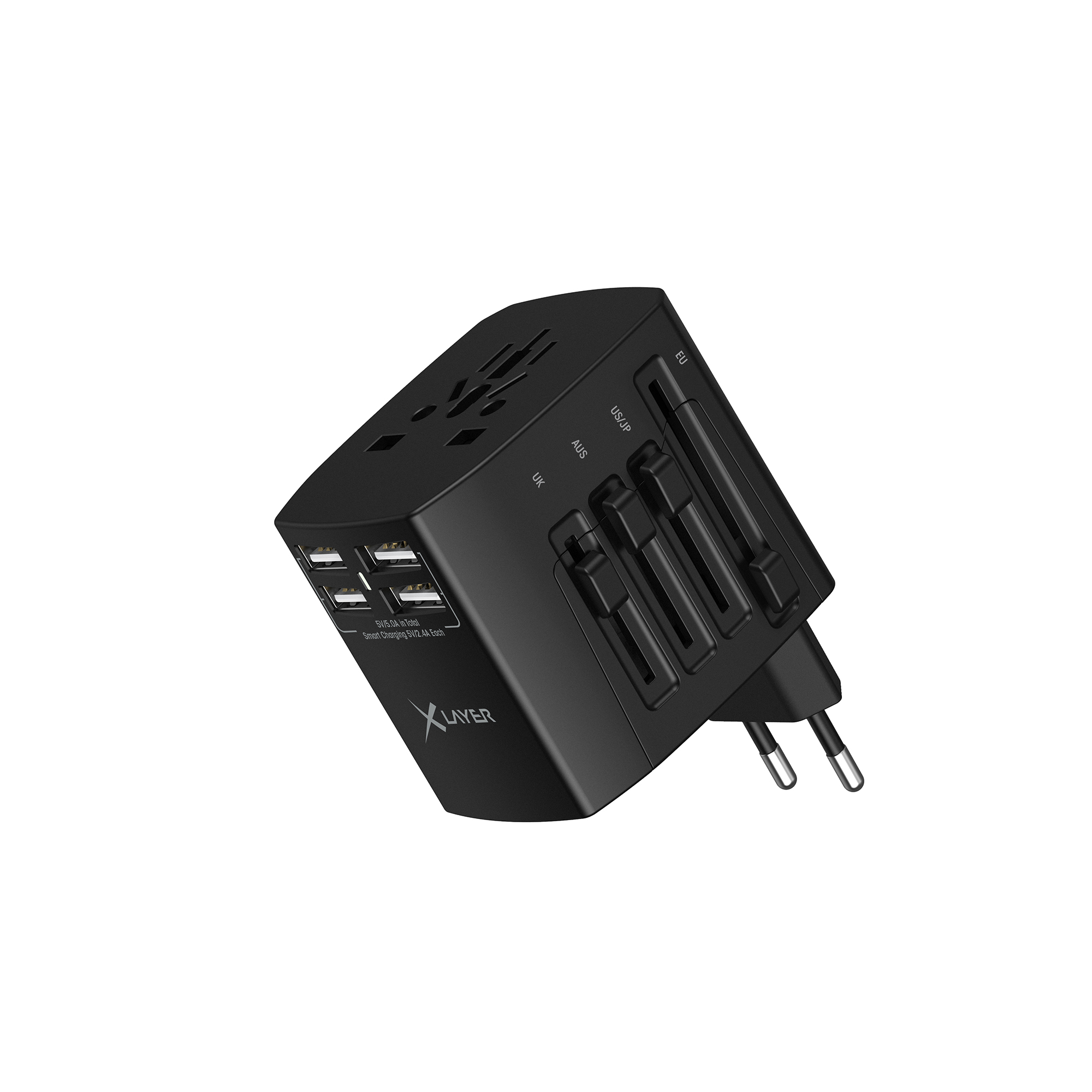 Schwarzer Reiseadapter mit mehreren Steckern und USB-Anschlüssen. Weißer Hintergrund.