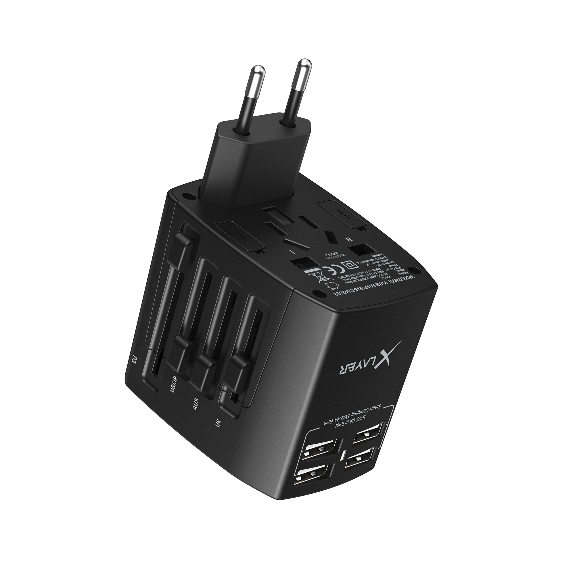 Ein schwarzer Universal-Reiseadapter mit mehreren USB-Anschlüssen und Steckerkonfigurationen.
