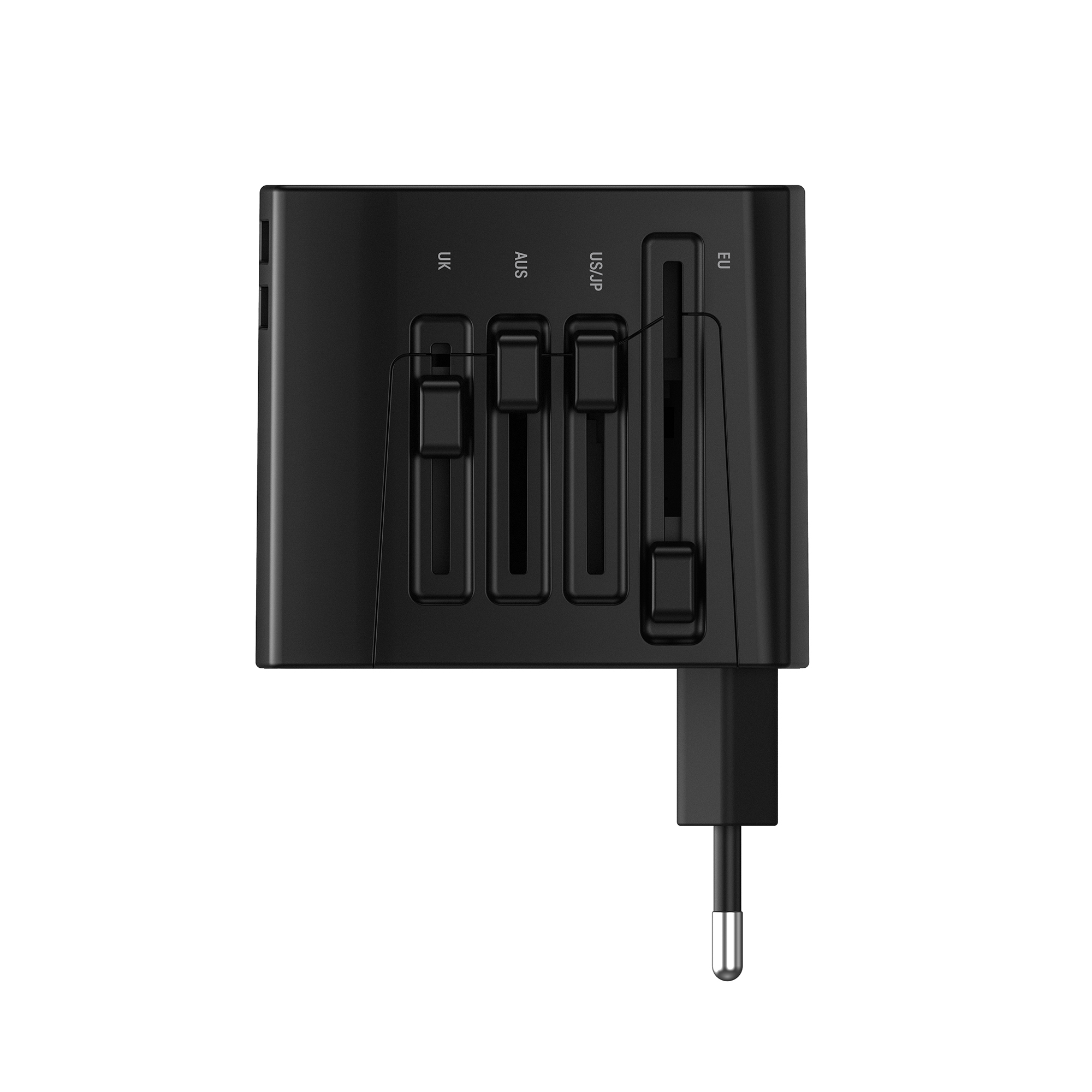 Ein schwarzer Reiseadapter mit mehreren Steckertypen, mit einem Stecker.