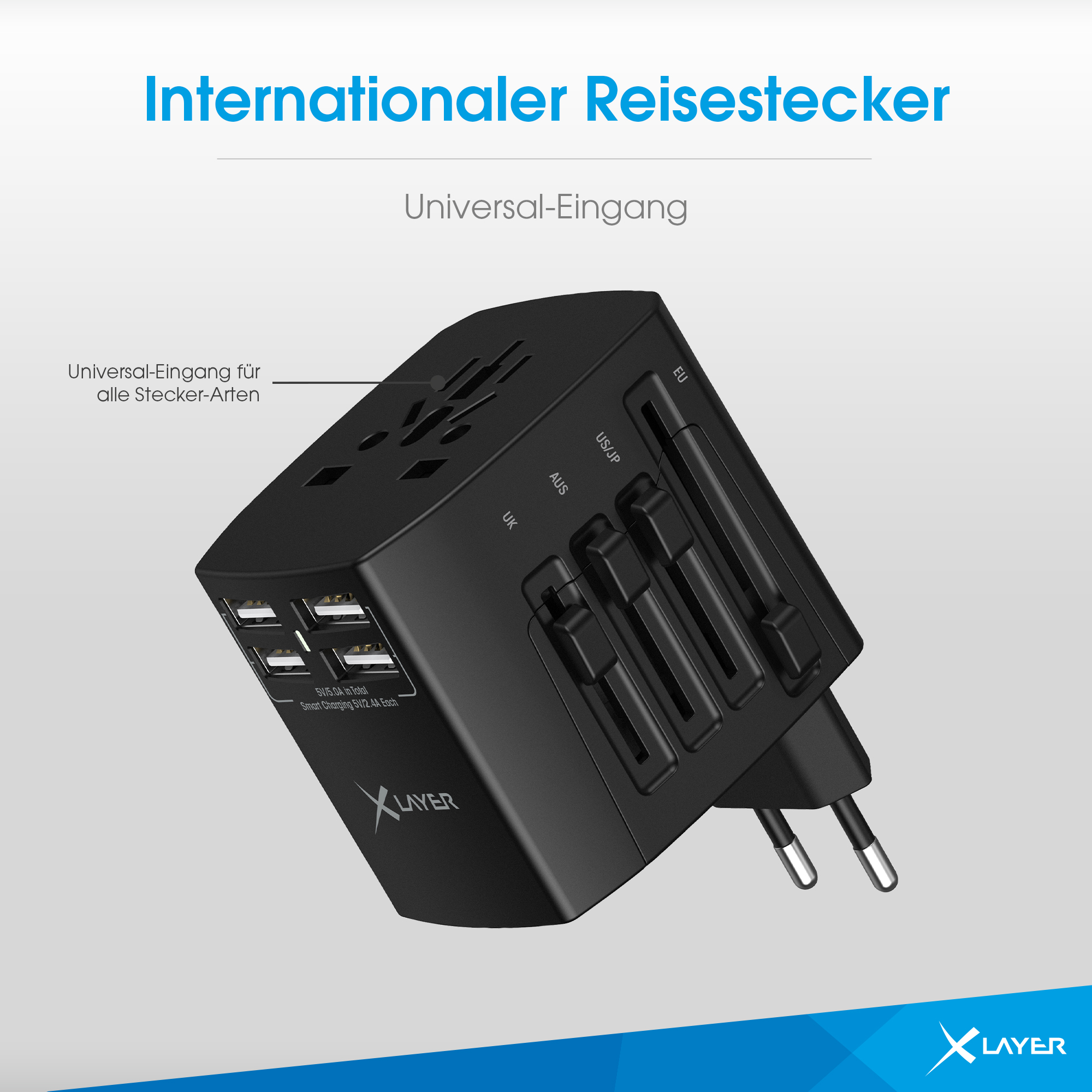 Schwarzer Reiseadapter mit mehreren Steckertypen. Enthält USB-Anschlüsse.