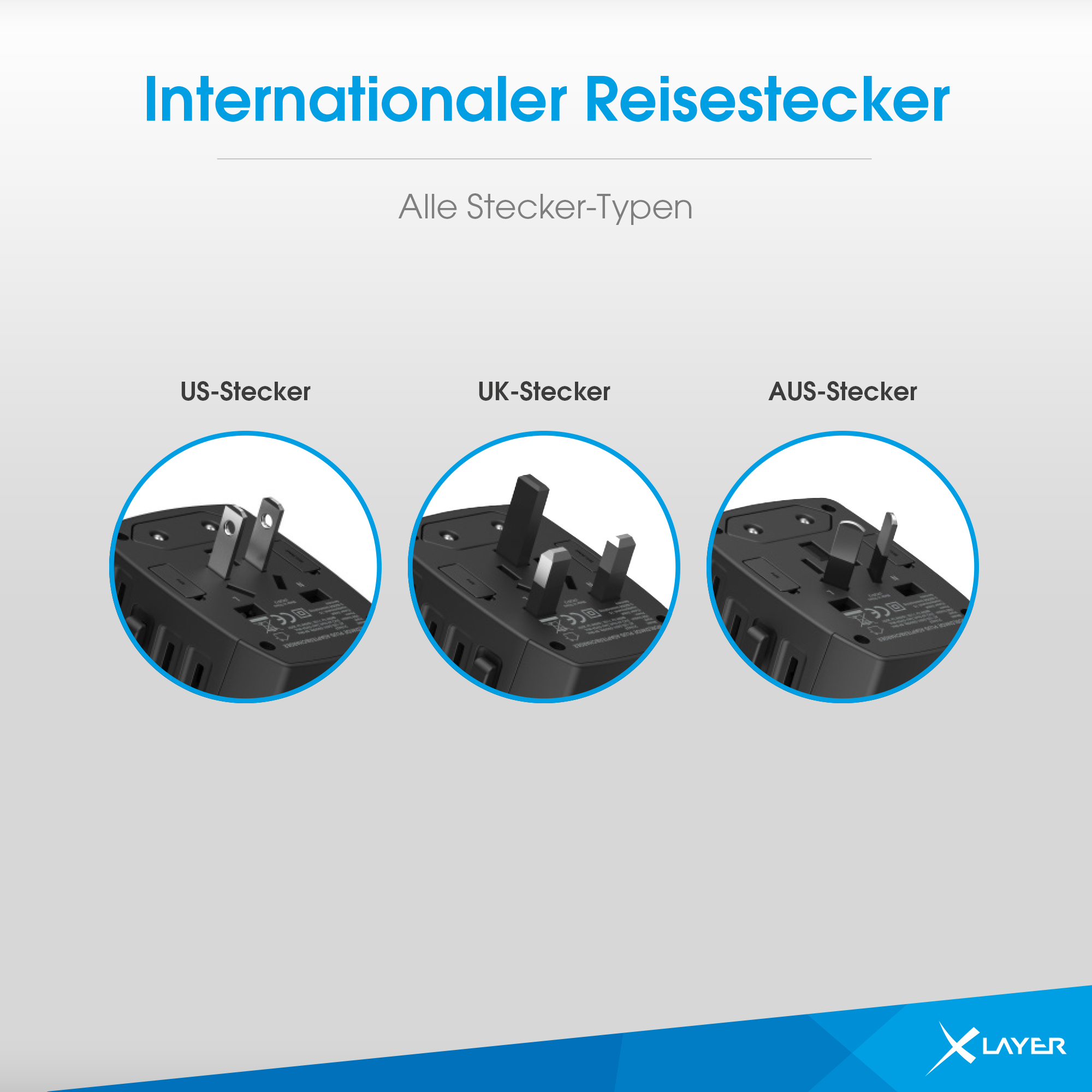 Reiseadapter mit US-, UK- und AUS-Steckern. Der Text lautet 'Internationaler Reiseadapter' und 'Alle Steckertypen'.