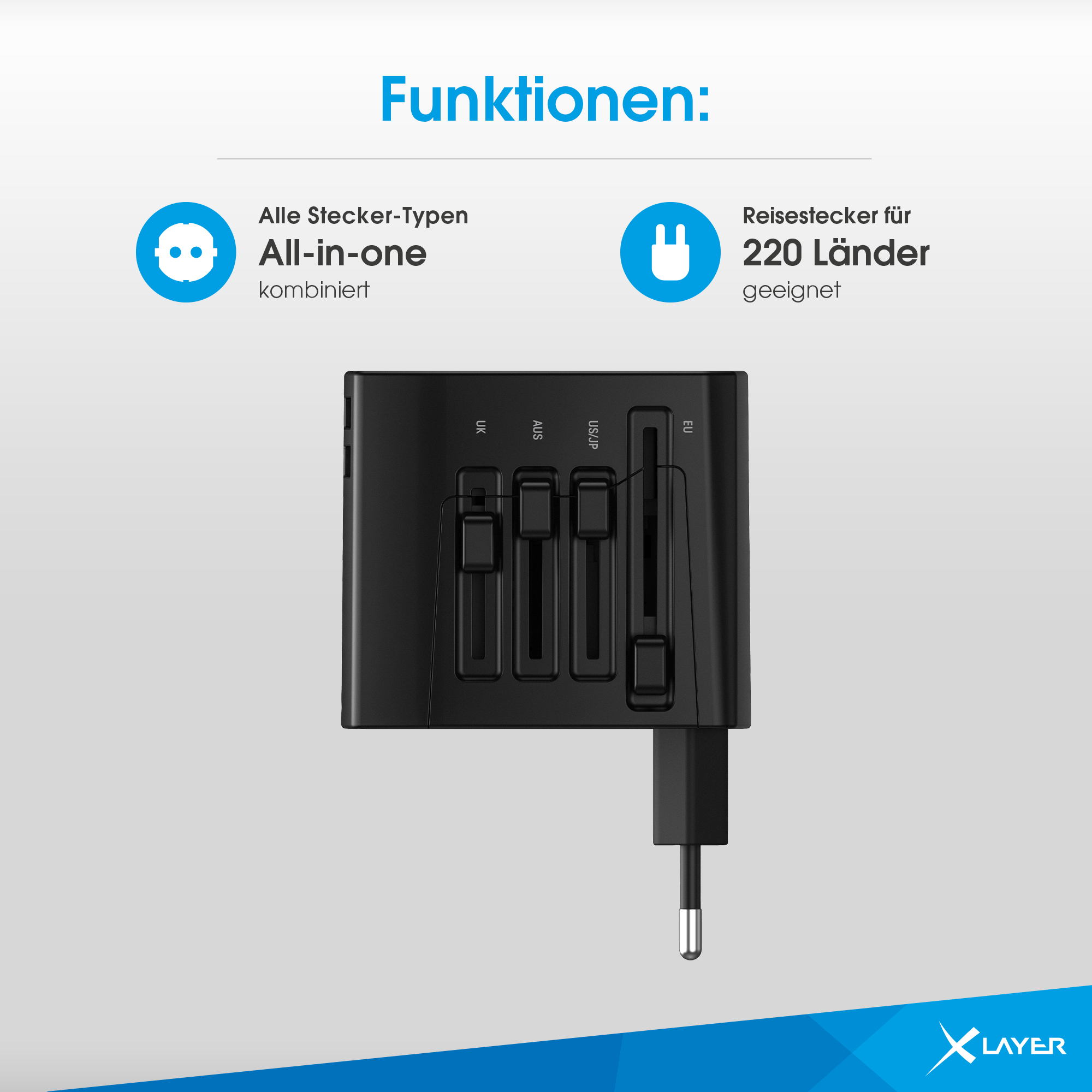 Schwarzer All-in-One-Reiseadapter mit mehreren Adaptertypen. Text zeigt für 220 Länder.