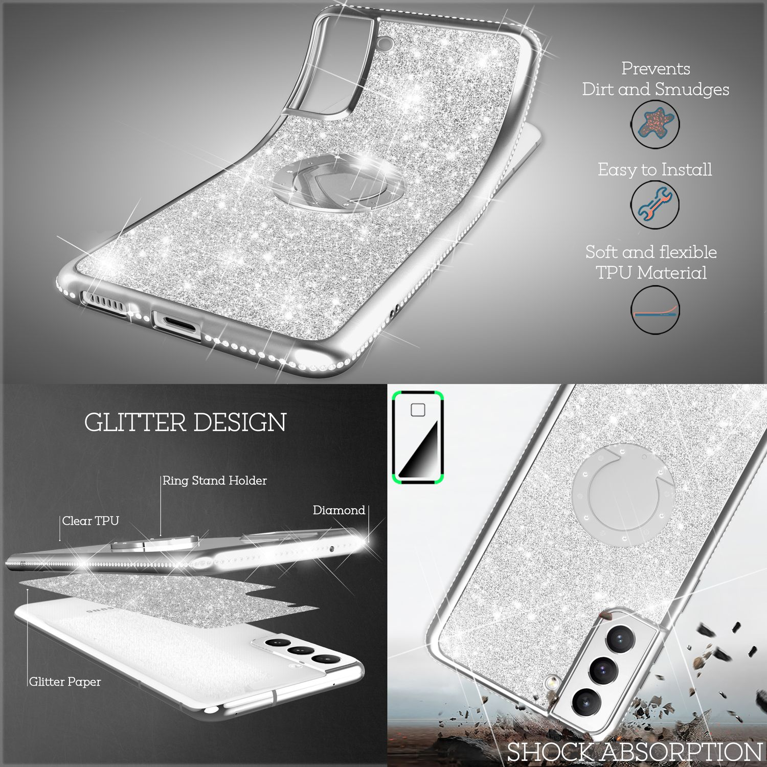 Ring Galaxy Glitzer Samsung, NALIA Hülle, Silikon Backcover, S21 Silber FE,