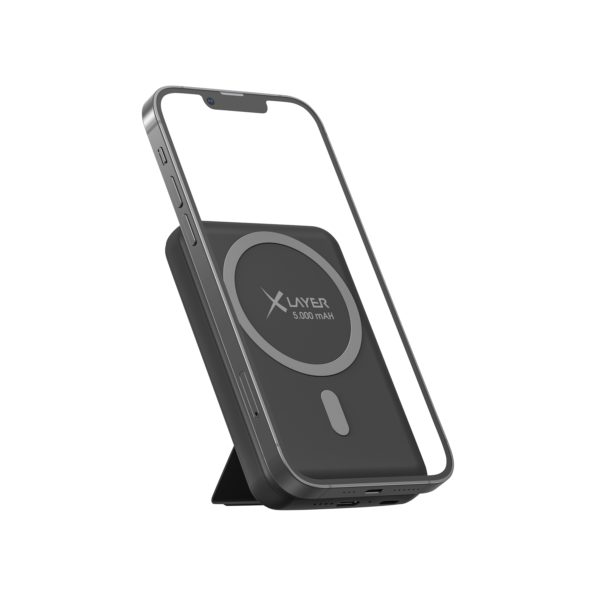 Schwarzes kabelloses Ladegerät mit Telefon, angewinkelt, mit Ständer.