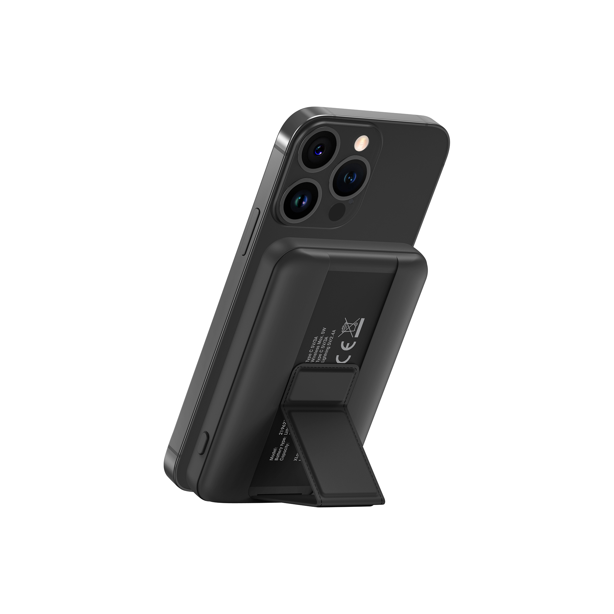 Schwarzes Telefon mit Ständer. Schwarz, abgewinkelt. Ein Ladegerät ist an der Rückseite des Telefons befestigt.