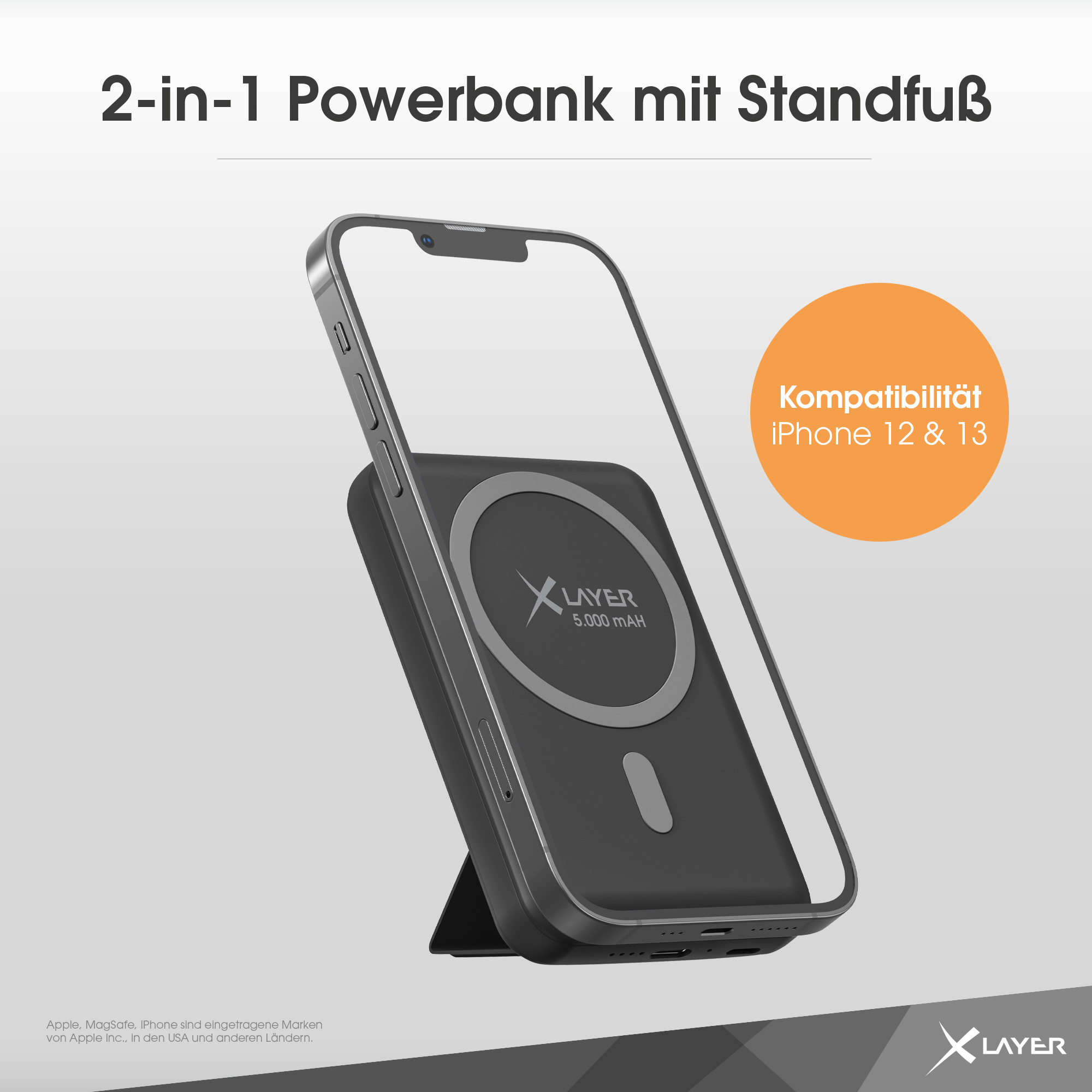 XLAYER MagFix Pro 2-in-1  mit integr. Standfuß Powerbank 5000 mAh Schwarz