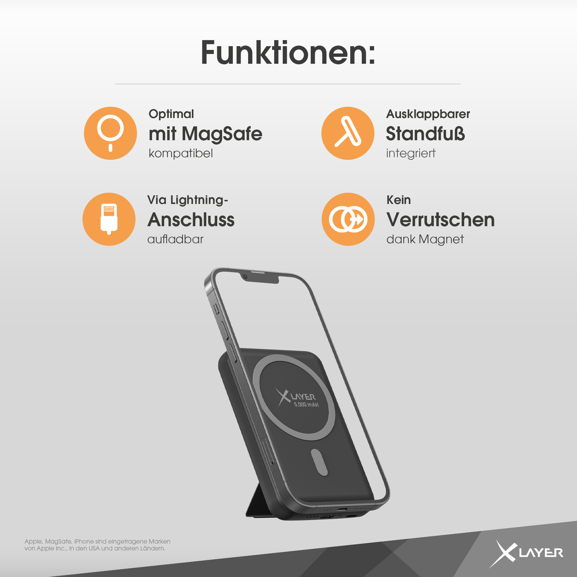 Ein schwarzes Telefon mit Schutzhülle. Funktionen umfassen MagSafe-Kompatibilität, Lightning-Anschluss und Ständer.