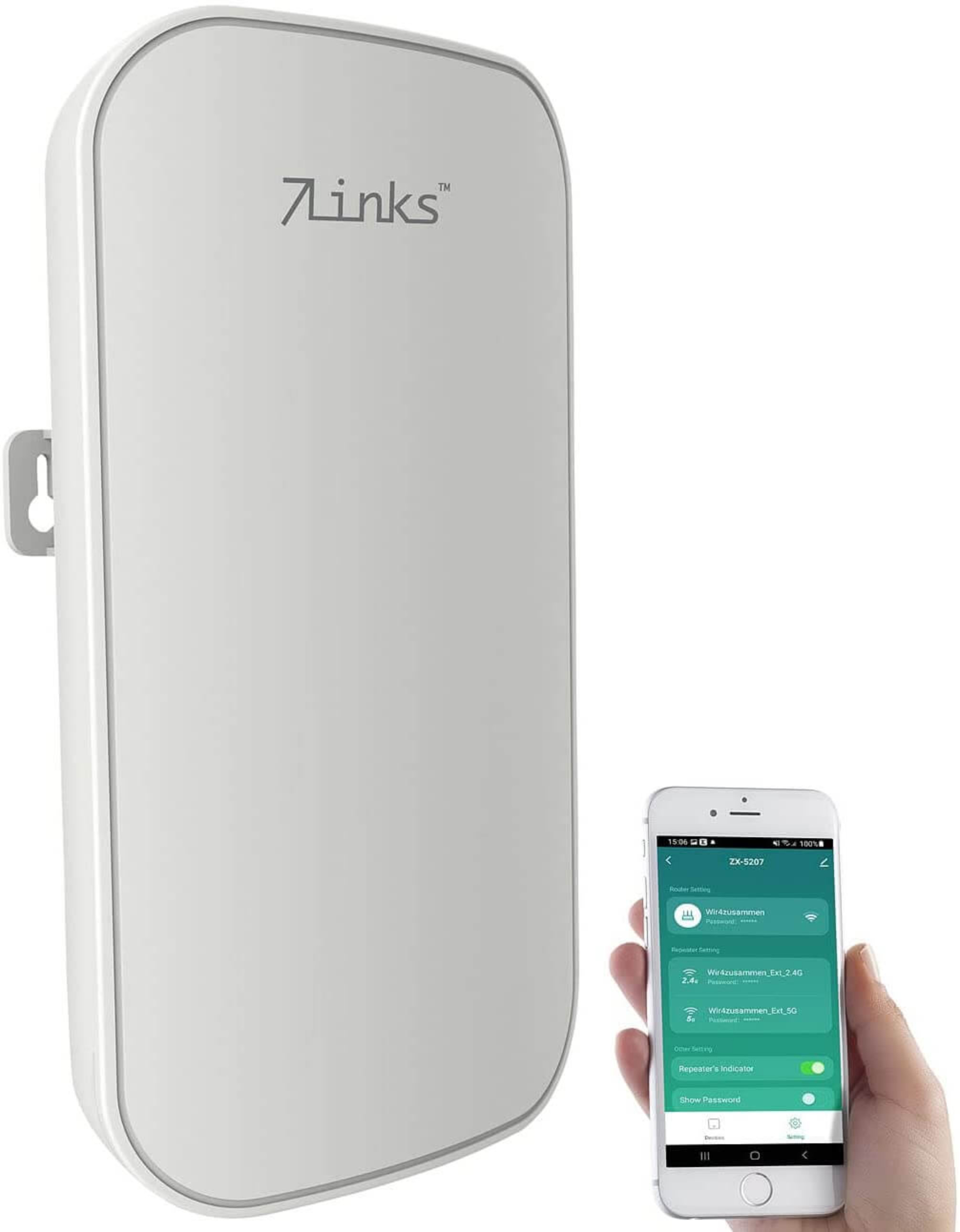 Weißer Router mit 7links Logo, Smartphone mit Einrichtungsbildschirm.