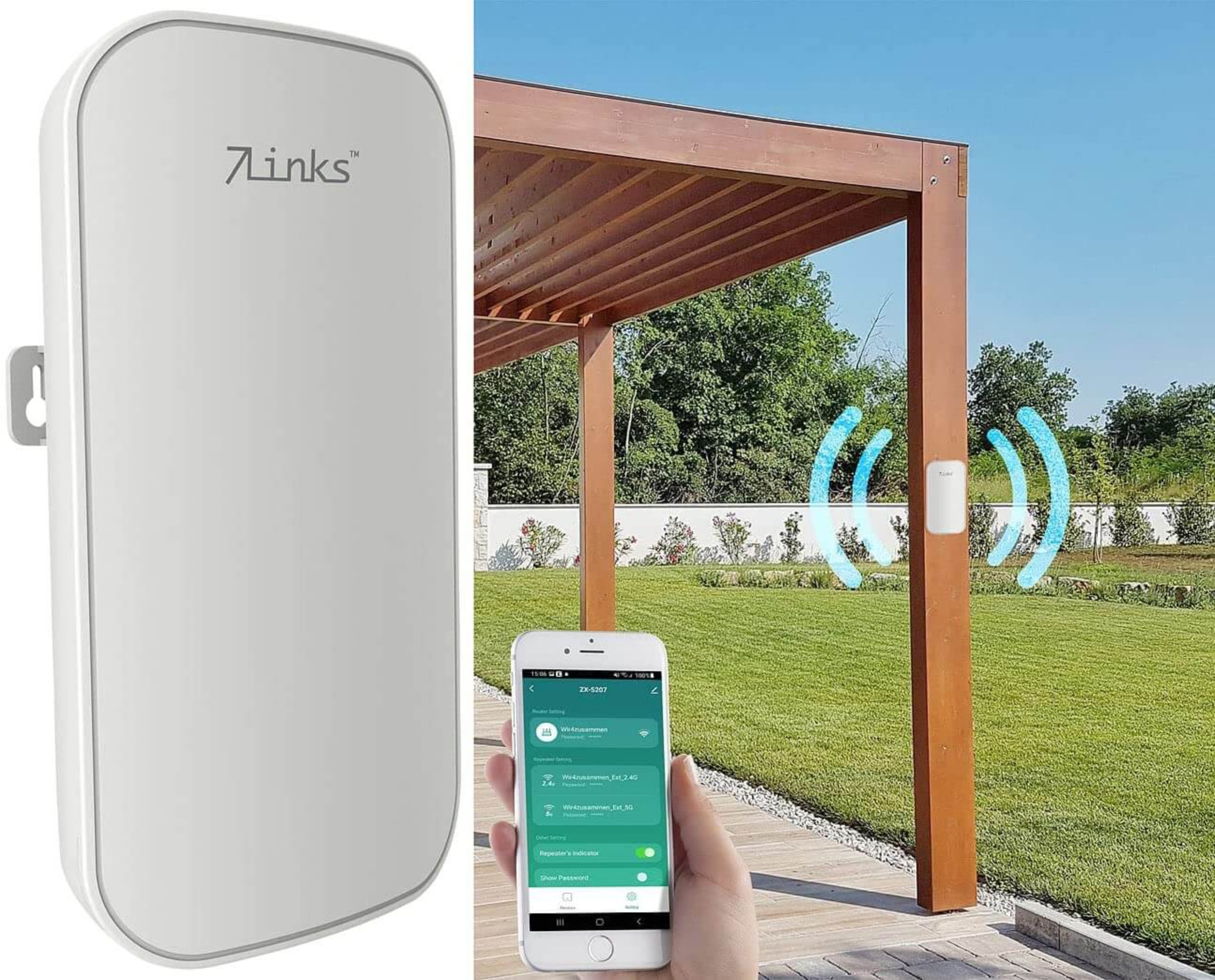 Weißer Router mit Antennen und ein Smartphone, das eine App zeigt. Das Gerät befindet sich im Freien auf Holz.