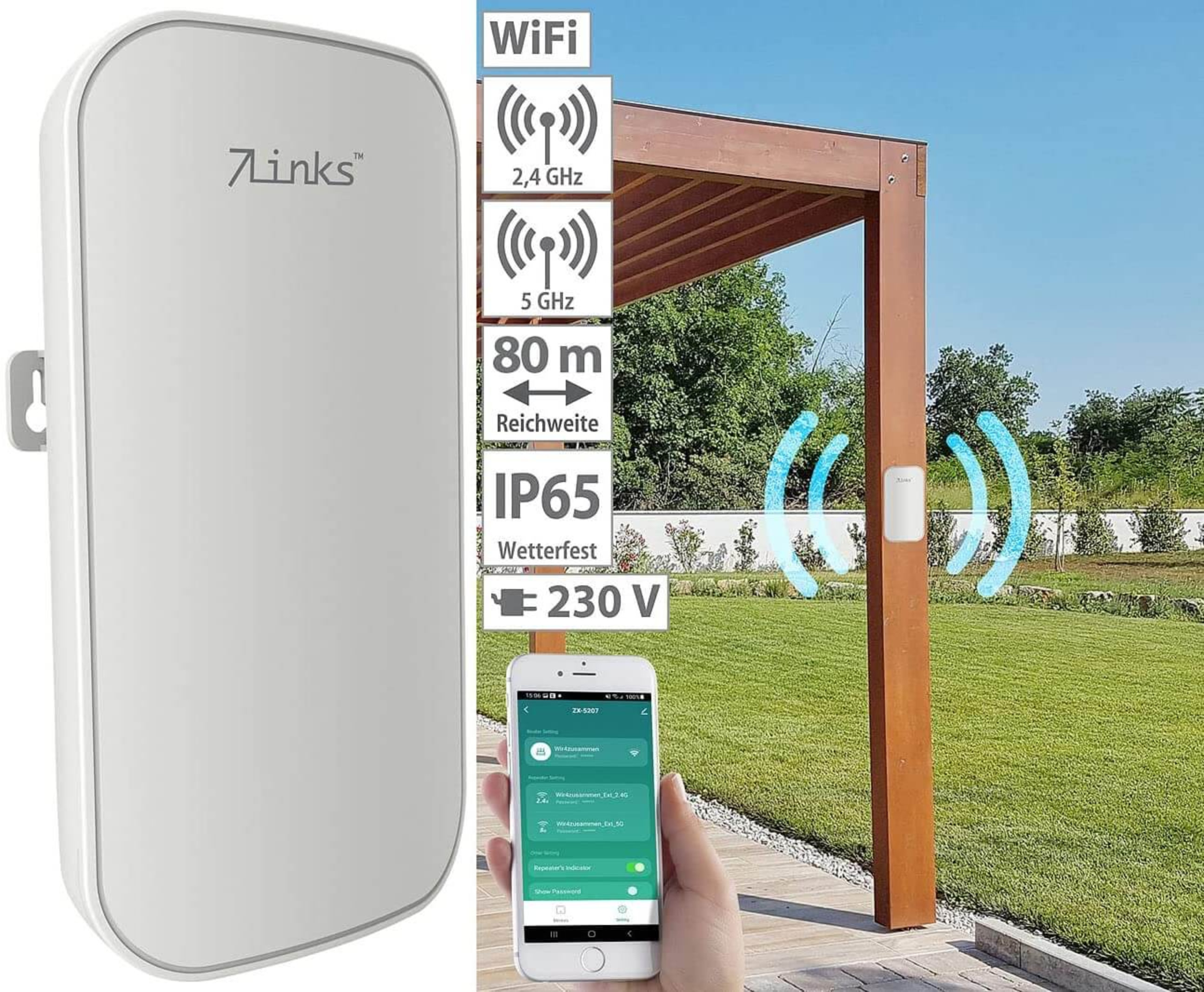 Weißer WLAN-Extender mit Antennensymbol, Telefon-App und Außenszene mit Bäumen und Holzstruktur.