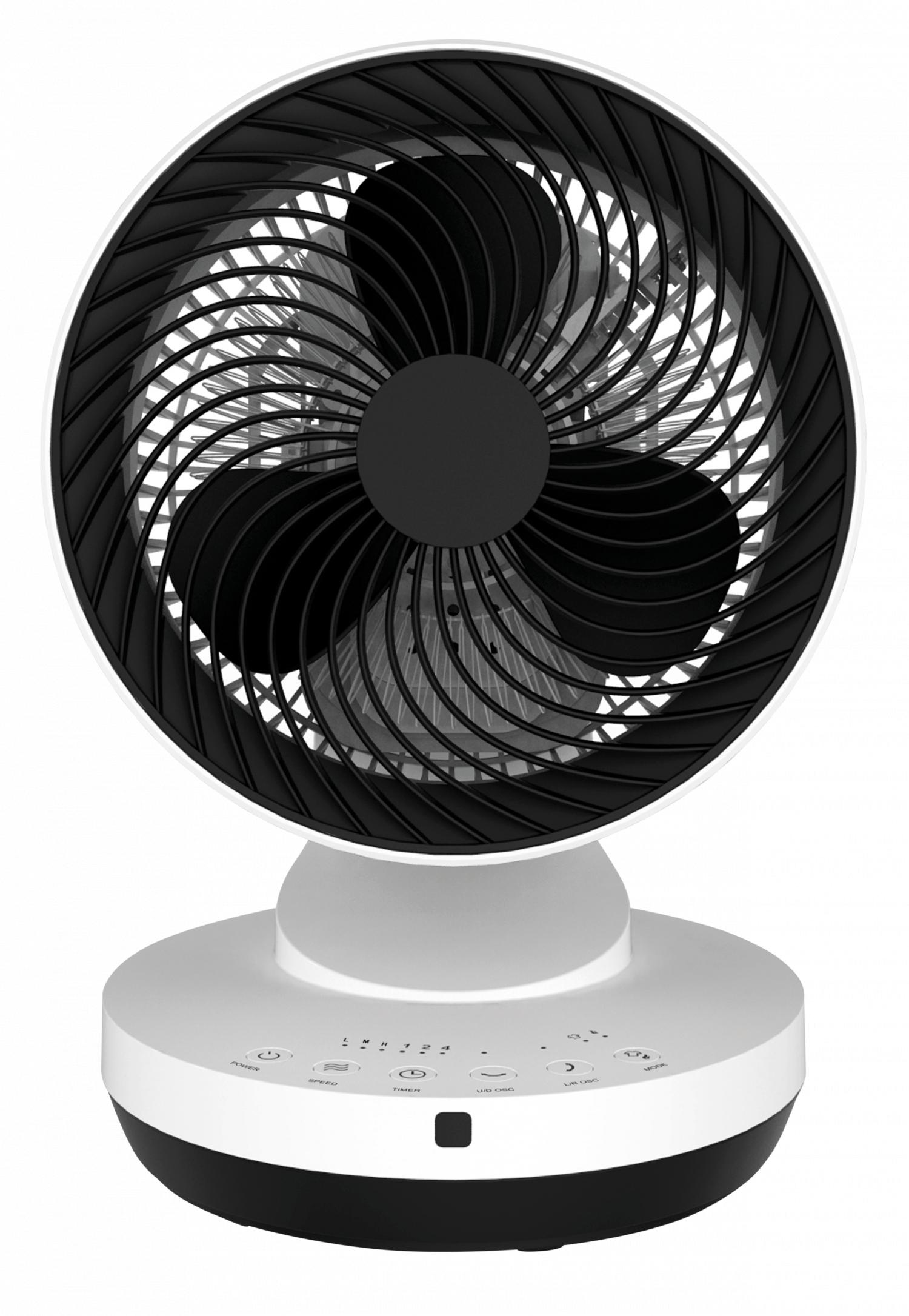 Weiß-schwarzer Tischventilator mit mehreren Geschwindigkeitseinstellungen und rundem Gitter.