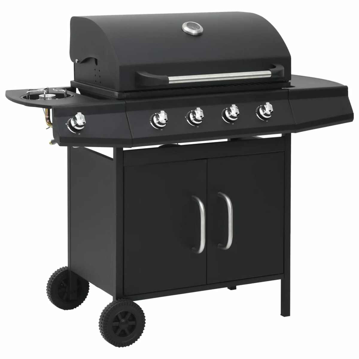 Schwarzer Gasgrill mit vier Brennern, Seitenablage und Schrank mit Rädern, freigestellt.