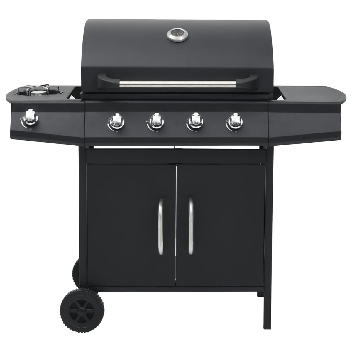 Schwarzer Gasgrill für den Außenbereich mit vier Brennern, zwei Seitenablagen und einem Unterschrank.