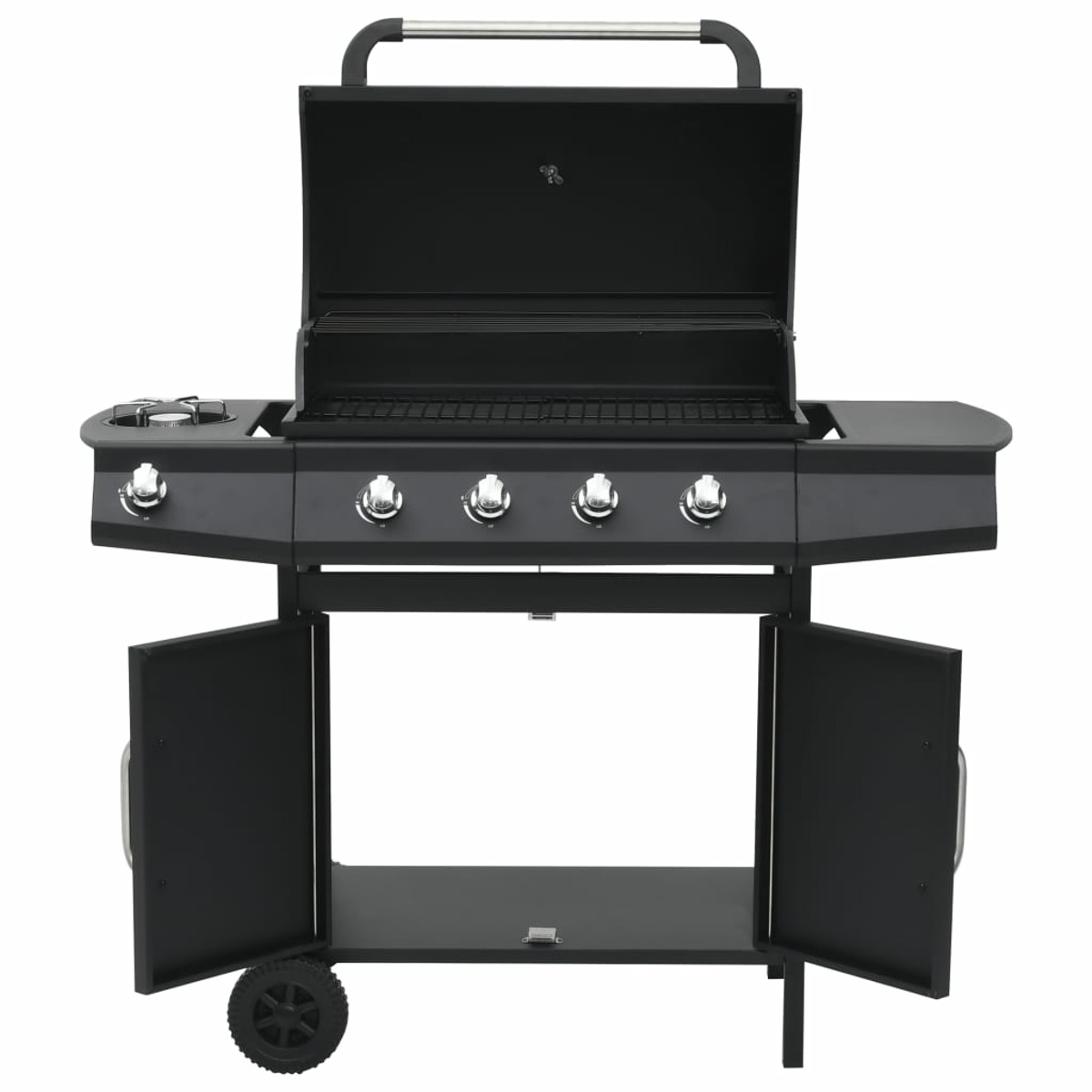 Schwarzer Gasgrill mit offenem Deckel, vier Bedienknöpfen und offenen Türen mit einem Regal und einem Rad.