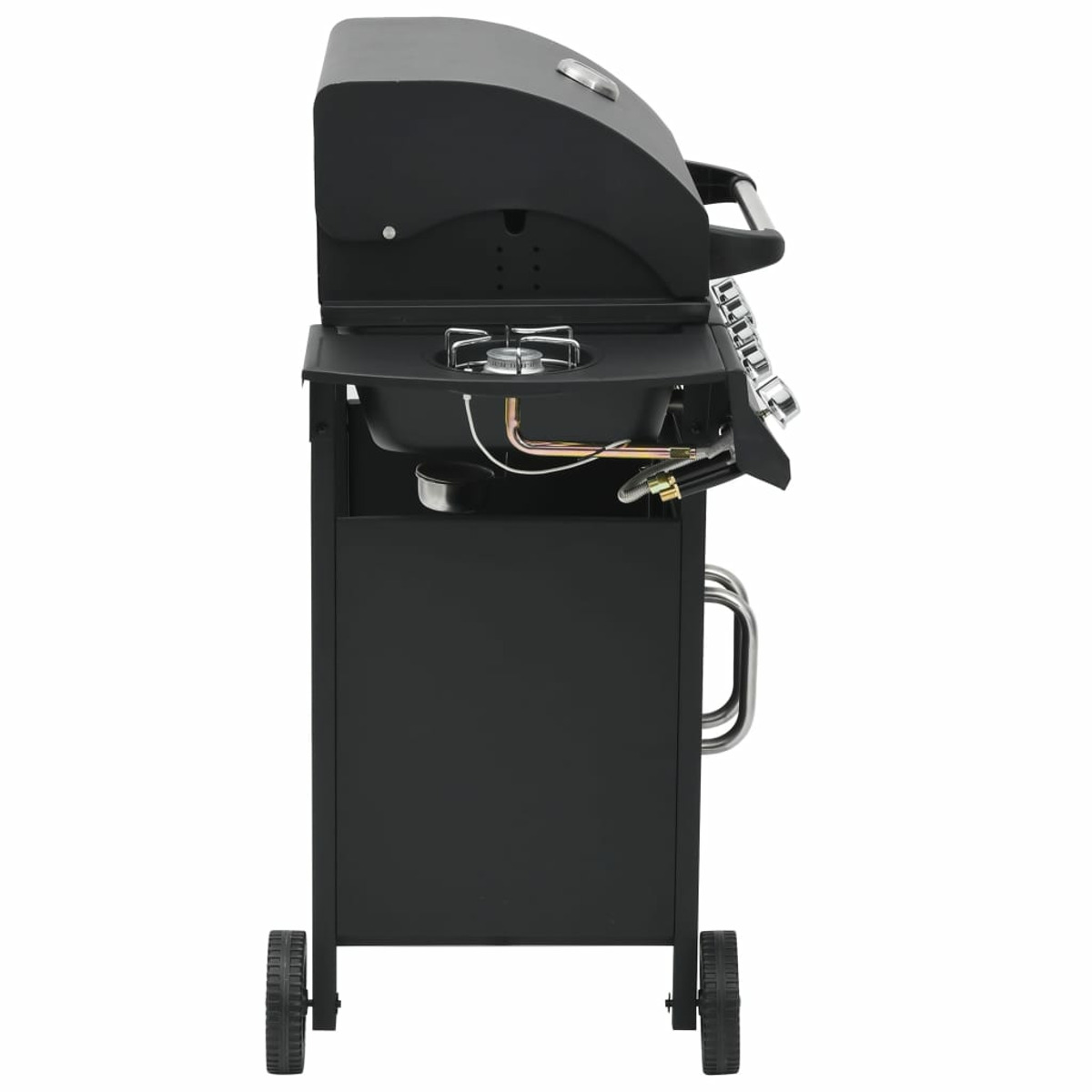 Ein schwarzer Gasgrill auf Rädern, Seitenansicht. Er hat eine Kochfläche, einen Schrank und einen Griff.
