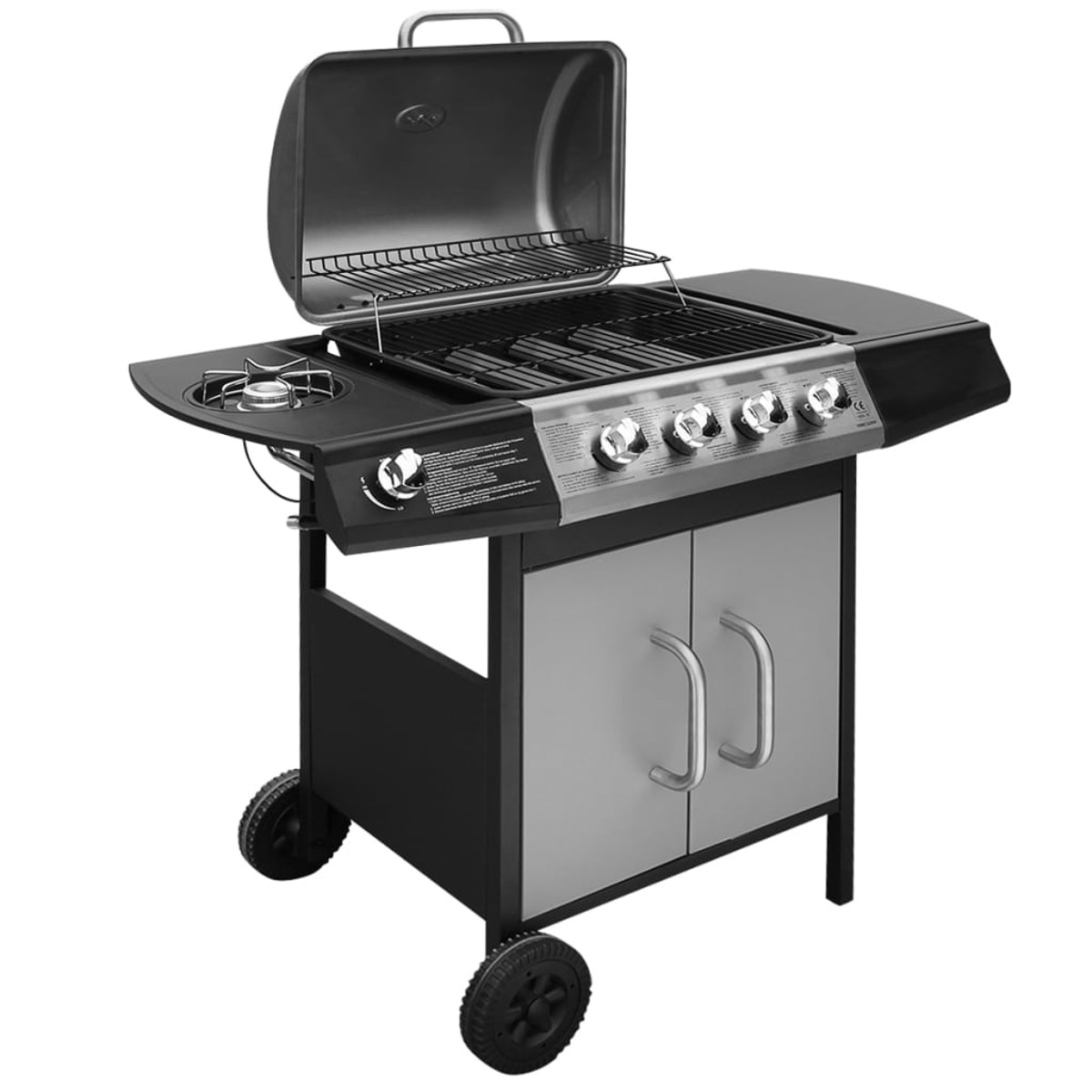 Ein BBQ-Grill. Der Grill ist schwarz und silber mit offenem Deckel. Er hat Knöpfe und einen Brenner.
