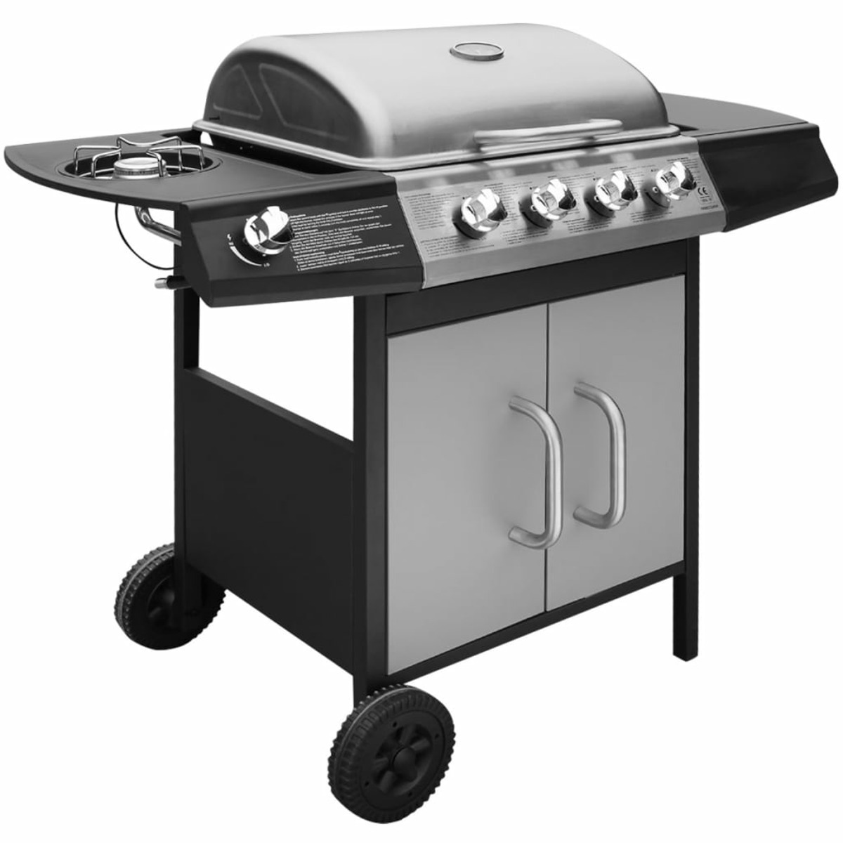 Grill aus Edelstahl mit Seitenbrenner, Schrank und Rädern, isoliert auf Weiß.