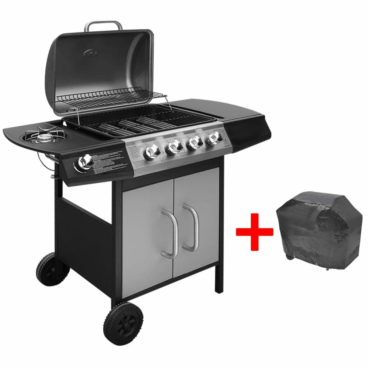 Ein schwarzer und silberner Grill mit Abdeckung und Grillabdeckung.