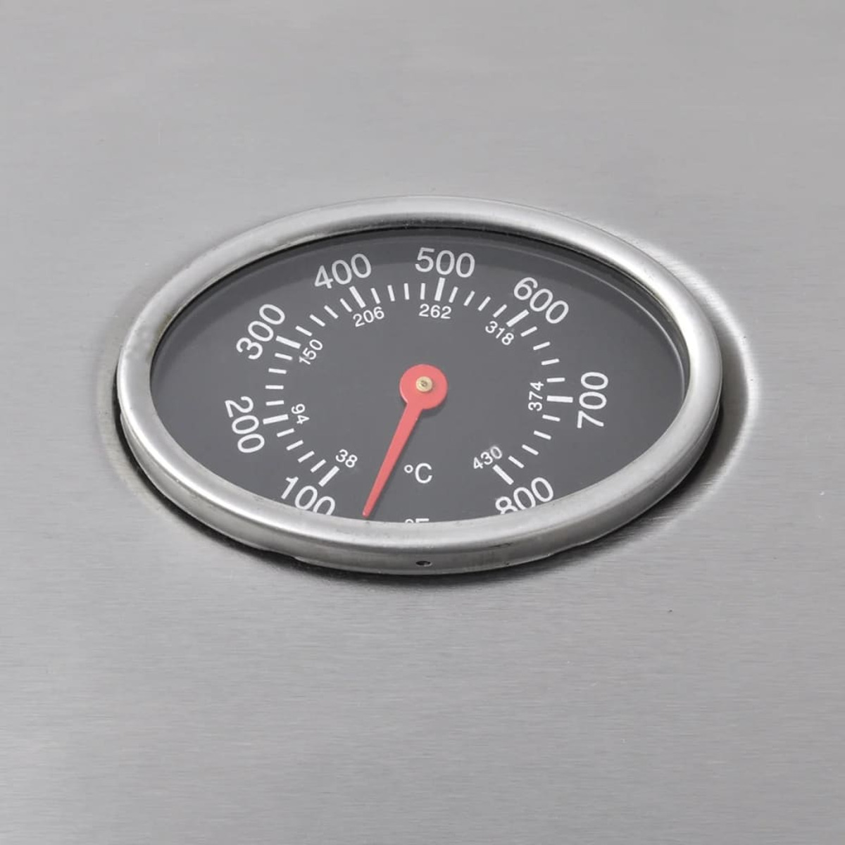 Nahaufnahme eines Grillthermometers, das die Temperatur anzeigt.