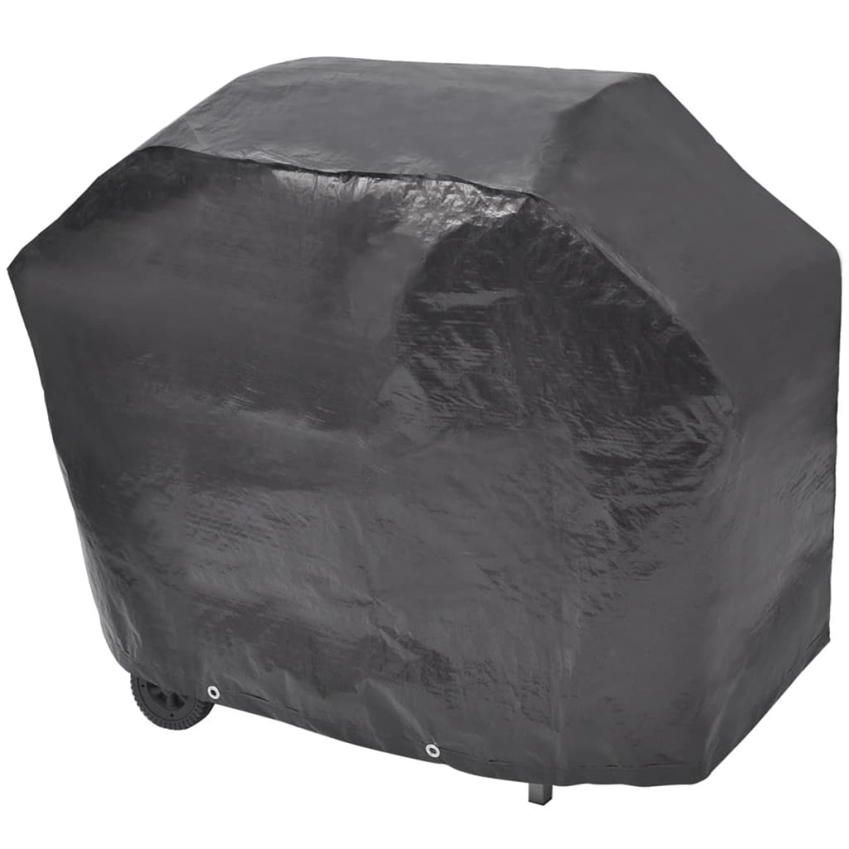 Schwarze Grillabdeckung auf einem Rad. Sie bedeckt einen Grill mit glänzender Oberfläche.
