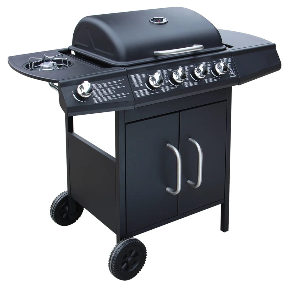 Schwarzer Gasgrill mit Seitenbrenner, fünf Knöpfen und Unterschrank.