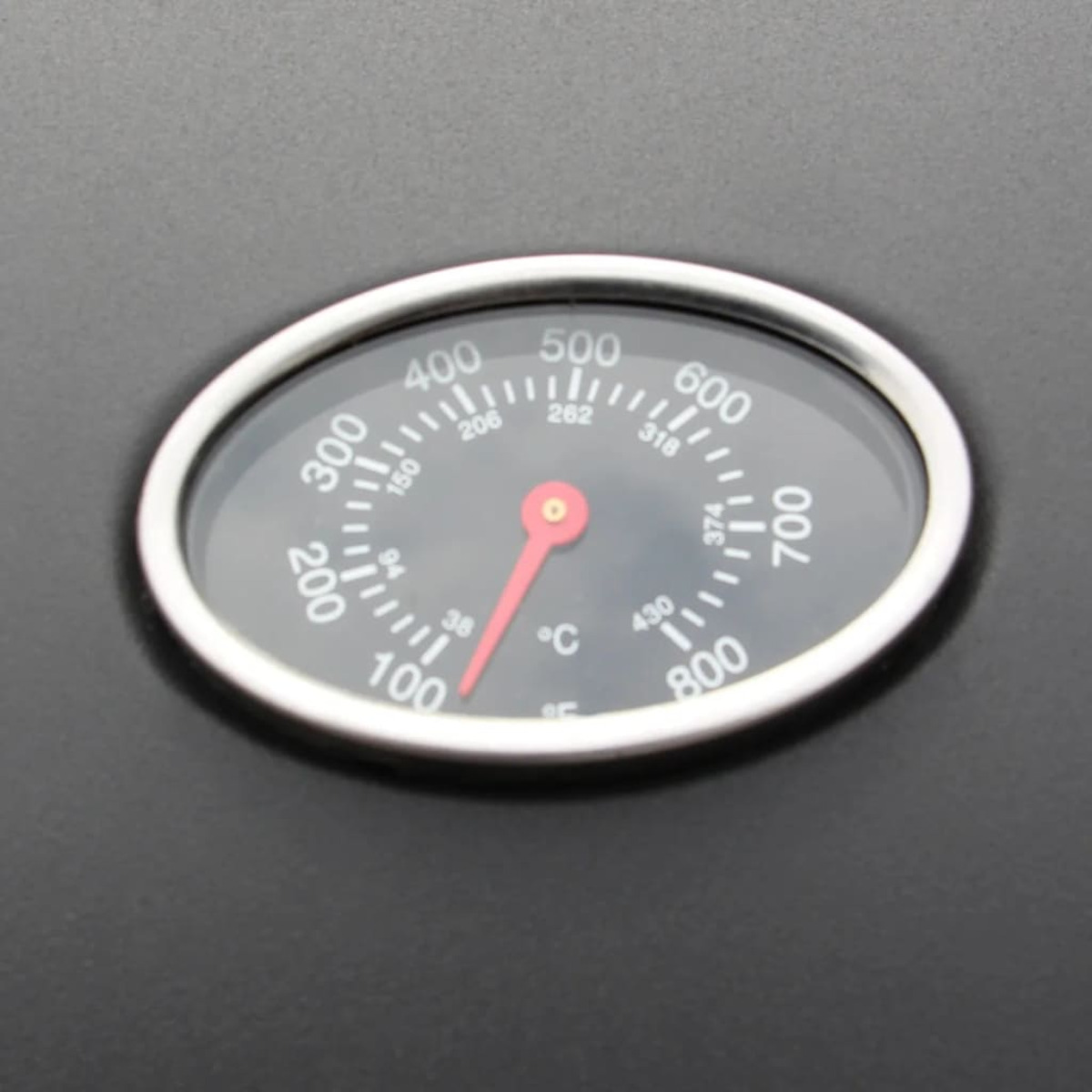 Nahaufnahme eines ovalen Thermometers. Die Nadel zeigt 85 Grad Celsius an.