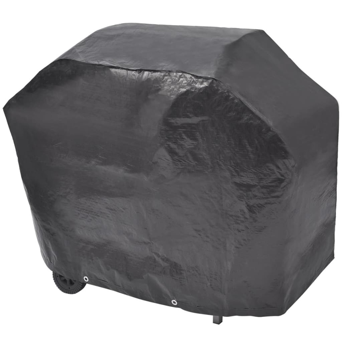 Eine schwarze Grillabdeckung. Es ist ein planartiges Material, das einen Grill bedeckt, der Grill ist teilweise sichtbar, mit Rädern.