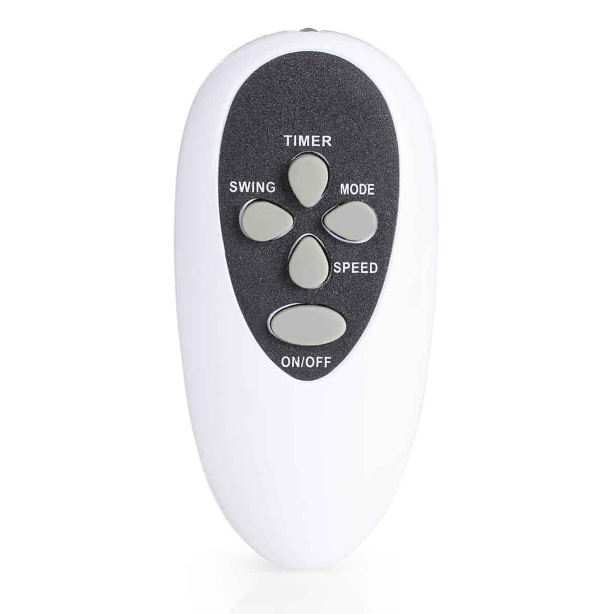 Telecomando bianco con pulsanti: Timer, Swing, Mode, Speed e On/Off.