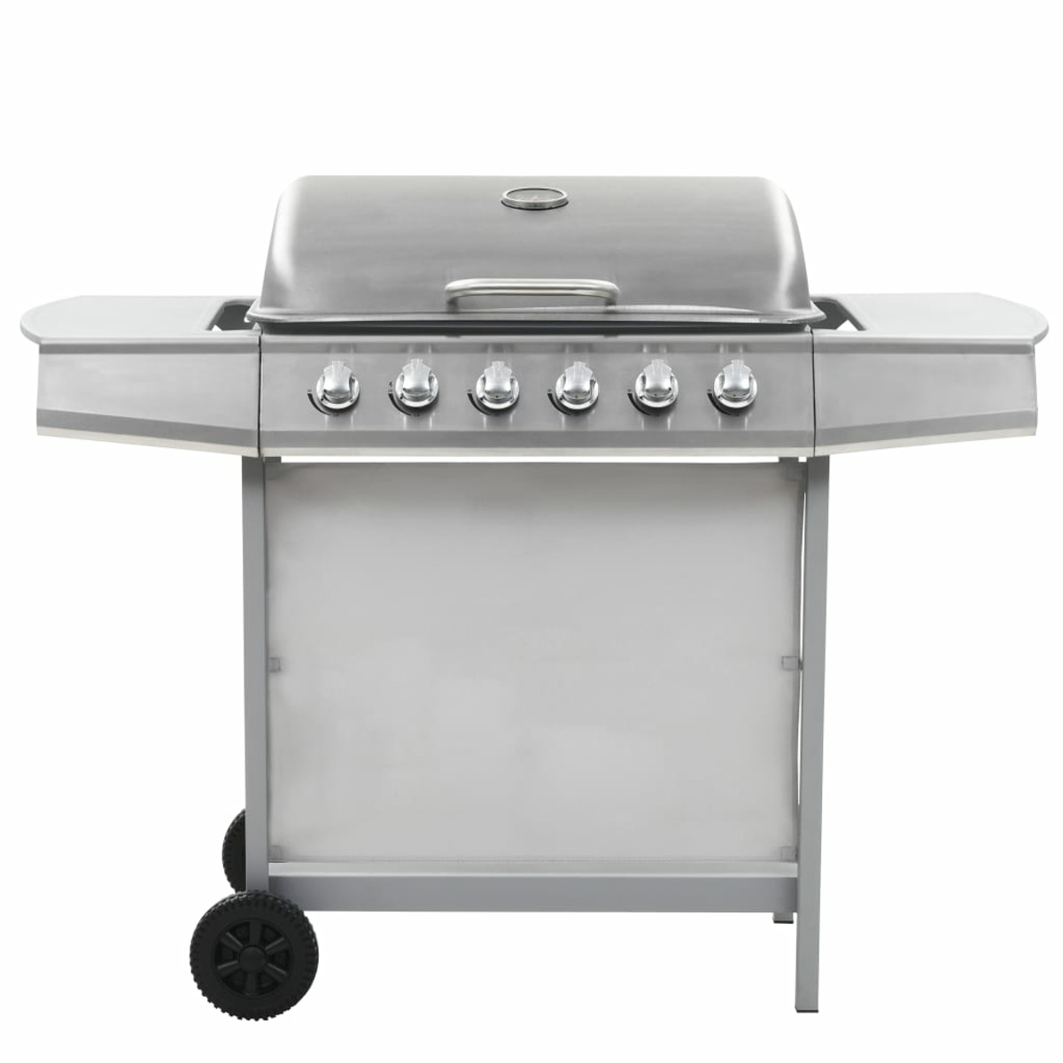 Ein Edelstahlgrill auf weißem Hintergrund. Er hat eine Haube und sechs Brenner.