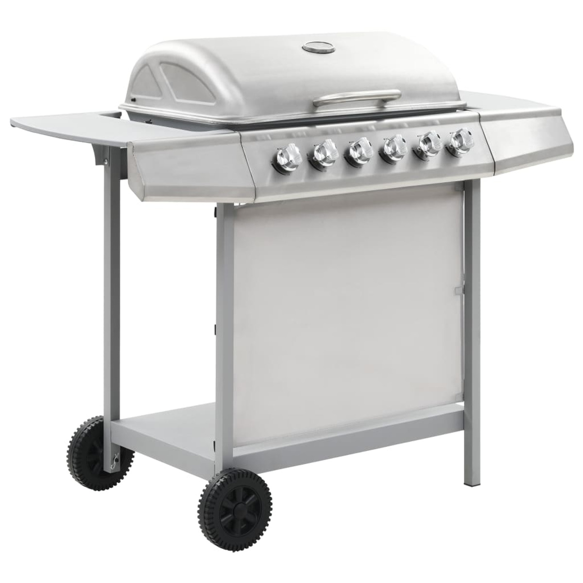 Silberner Gasgrill mit Seitenablagen. Verfügt über 5 Brenner. Rollen für Mobilität.