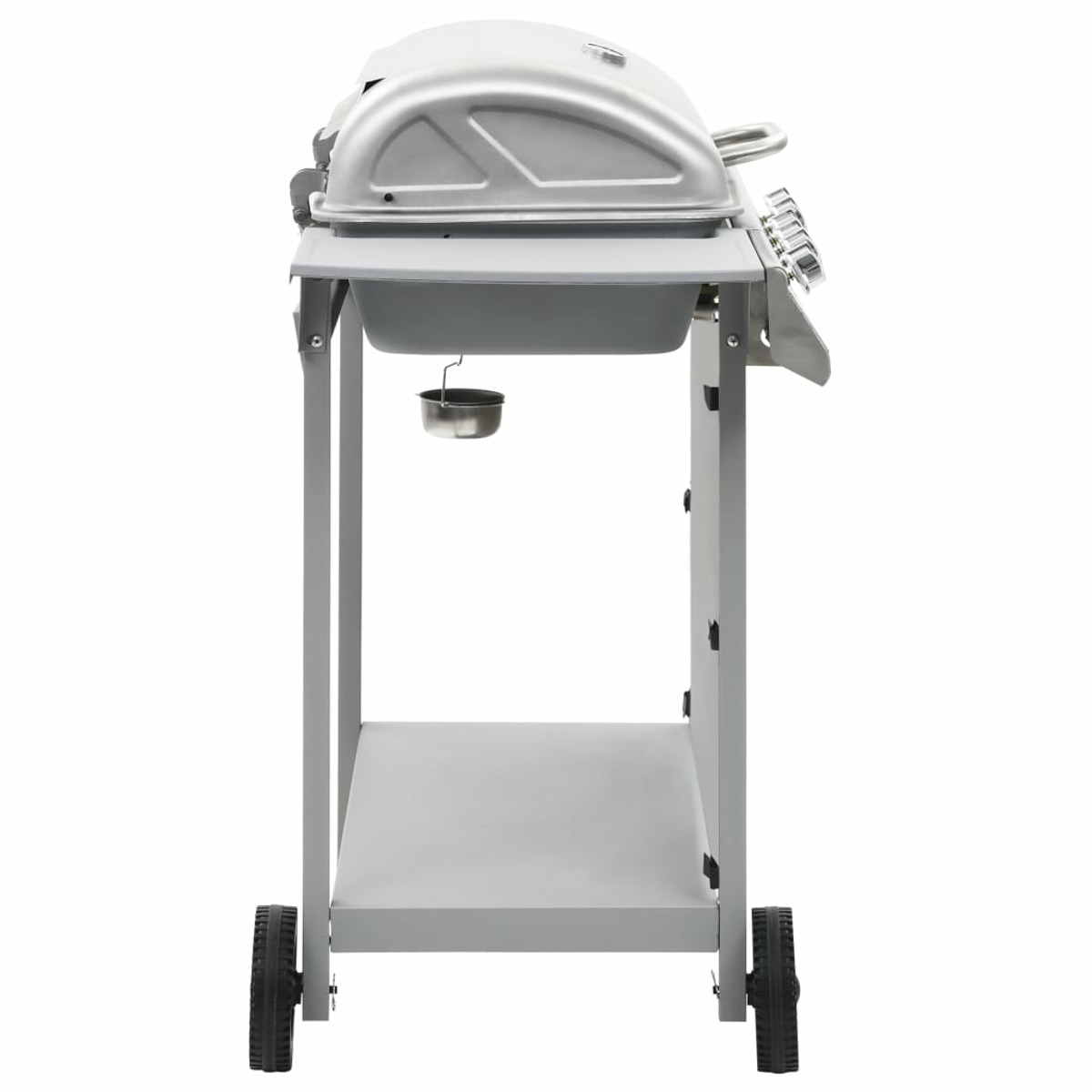 Ein silberner Grill mit Deckel und schwarzem Rad. Er hat ein graues Regal und einen kleinen Behälter.