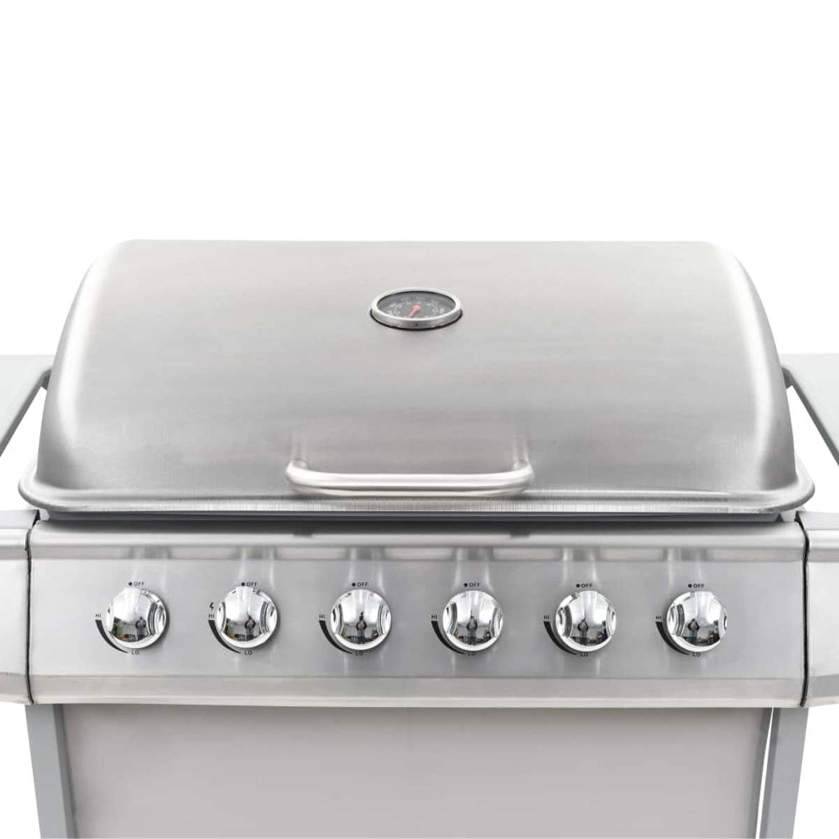 Grill aus Edelstahl mit Drehknöpfen und Thermometer auf weißem Hintergrund.
