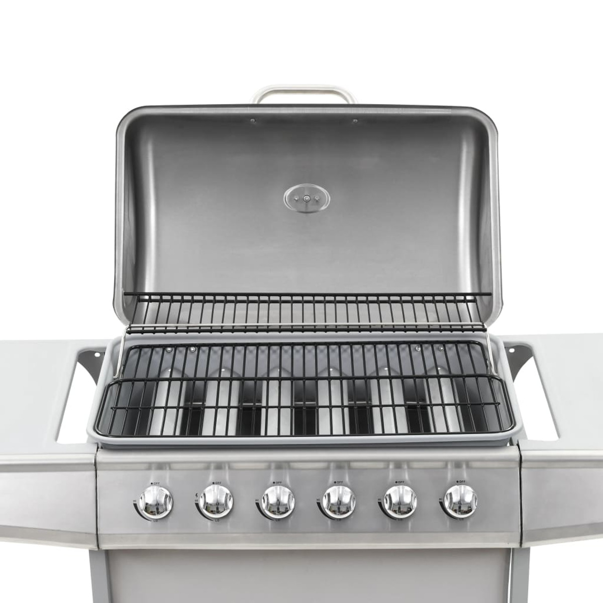 Edelstahlgrill mit offenem Deckel. Knöpfe zur Steuerung der Brenner sind sichtbar.