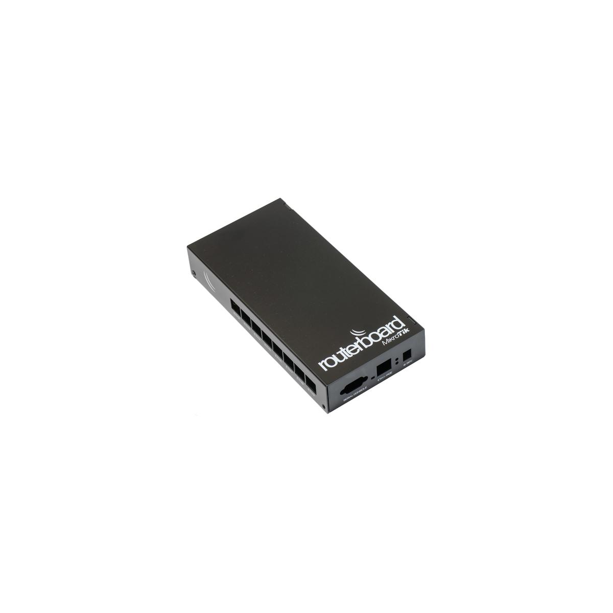 Router nero con porte e la parola routerboard stampata sopra.