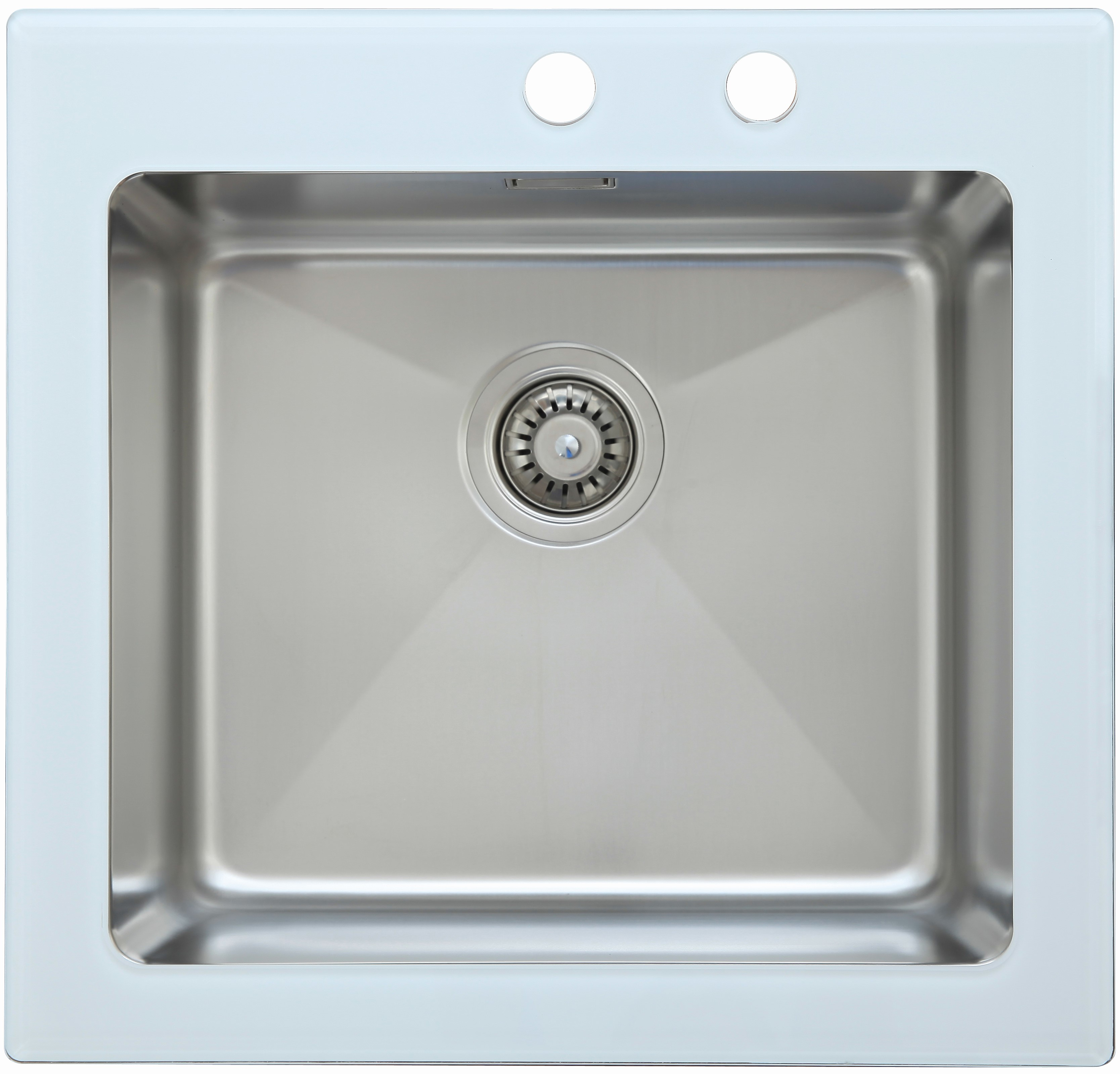 Edelstahlspüle mit zwei Wasserhahnlöchern, weißem Rahmen und Abfluss in der Mitte.