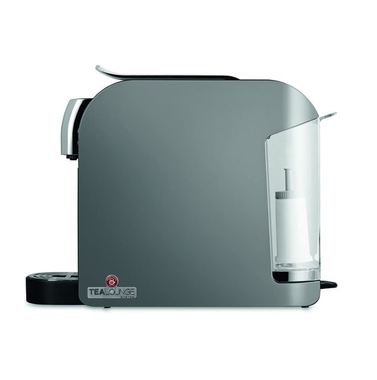 Eine grau-silberne Teemaschine mit transparentem Wasserbehälter und einer Tasse.