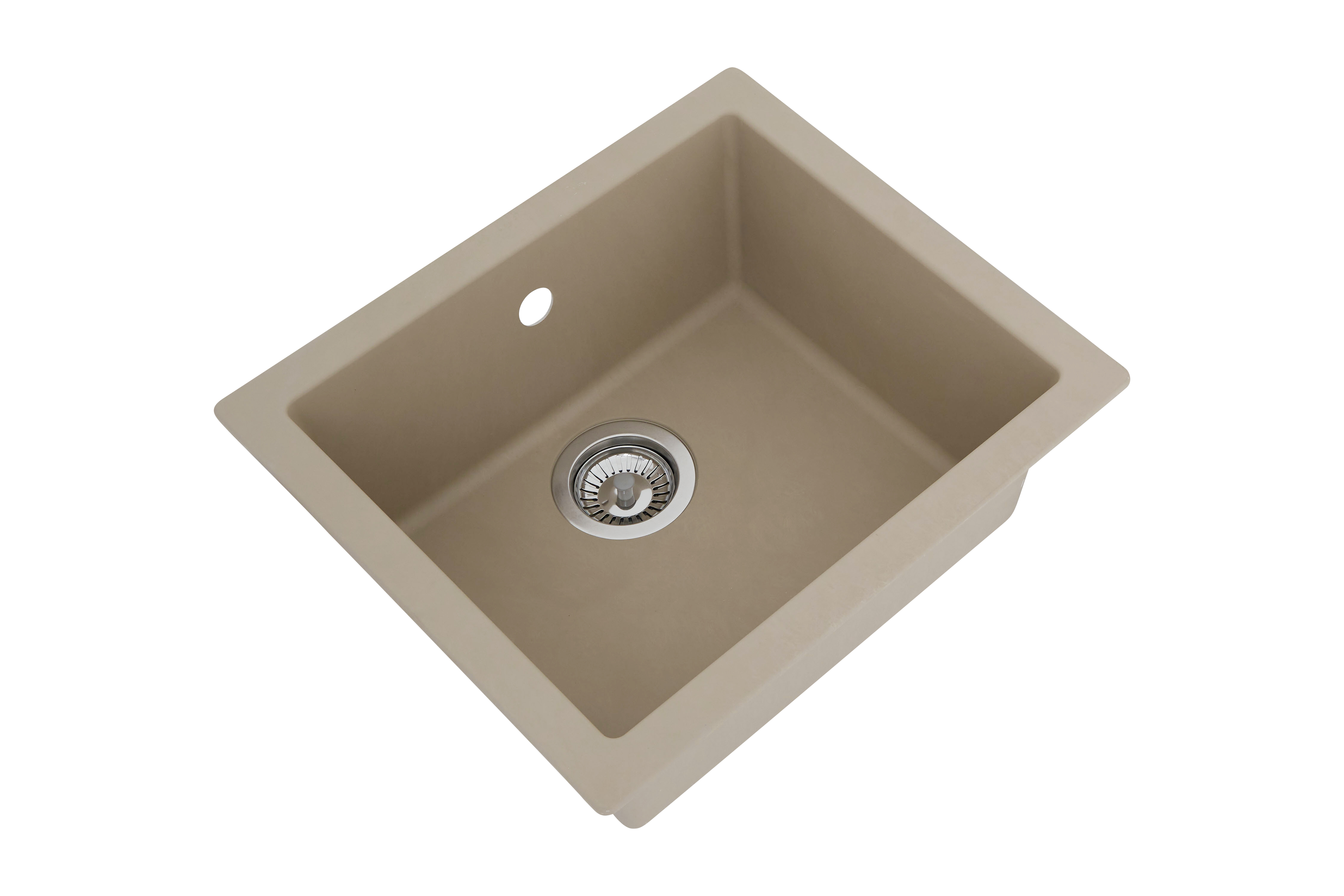 Ein hellbeigefarbenes Küchenspülbecken, rechteckig mit Abfluss und einem einzigen Wasserhahnloch.