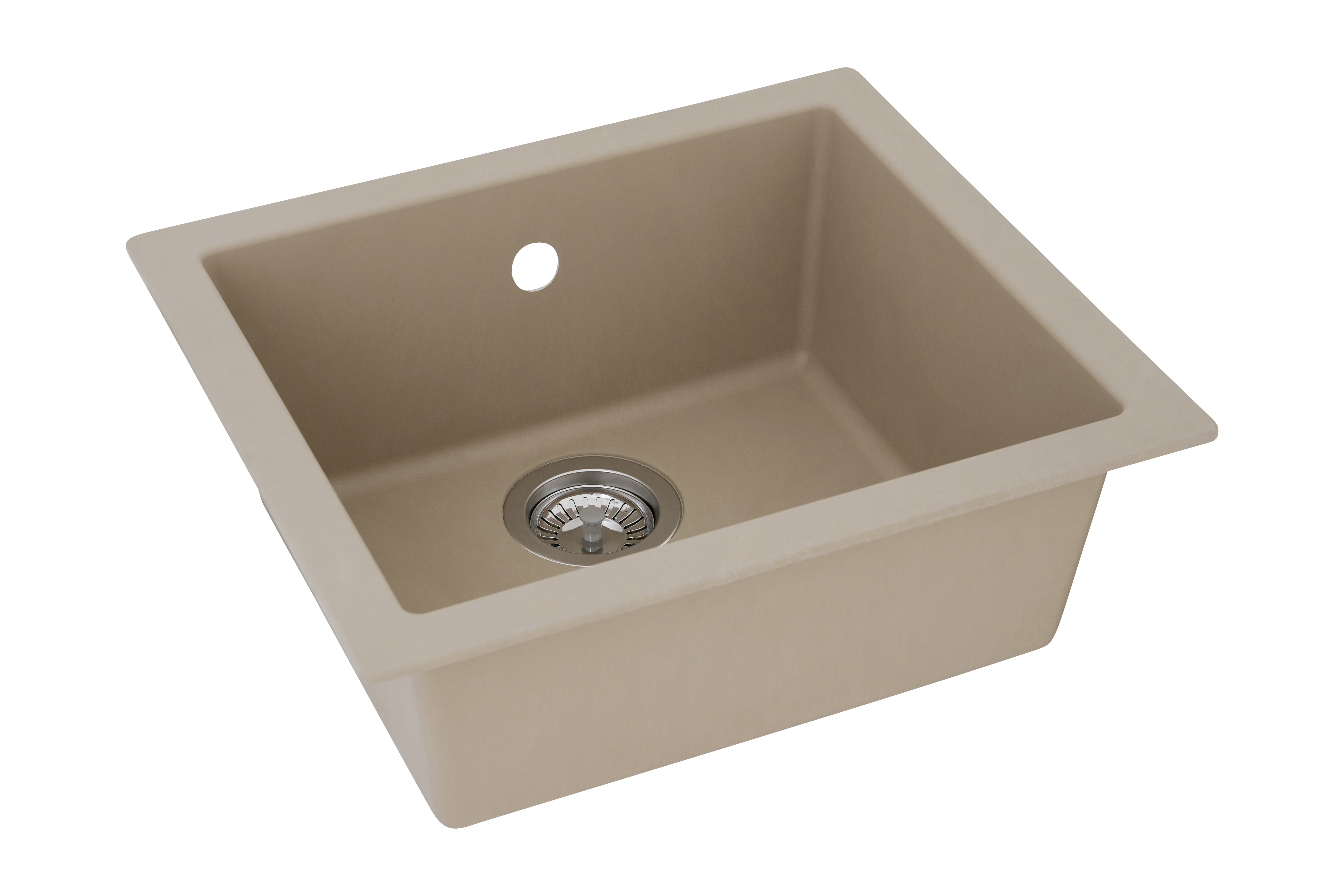 Beige Küchenspüle mit einem einzelnen Becken und einem Ablauf. Weißer Hintergrund.