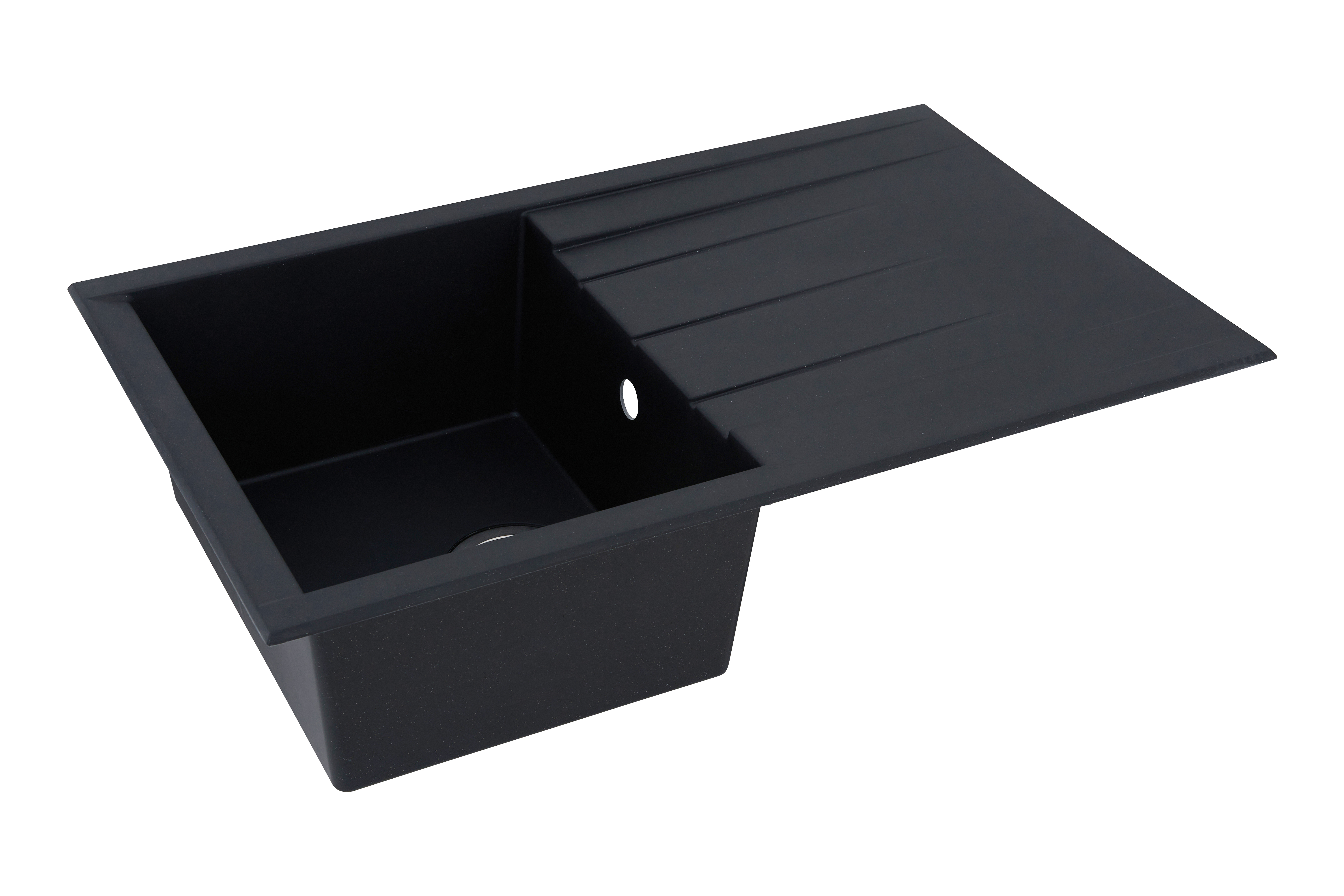 Ein schwarzes rechteckiges Küchenbecken mit Abtropffläche. Es ist leer und sauber.