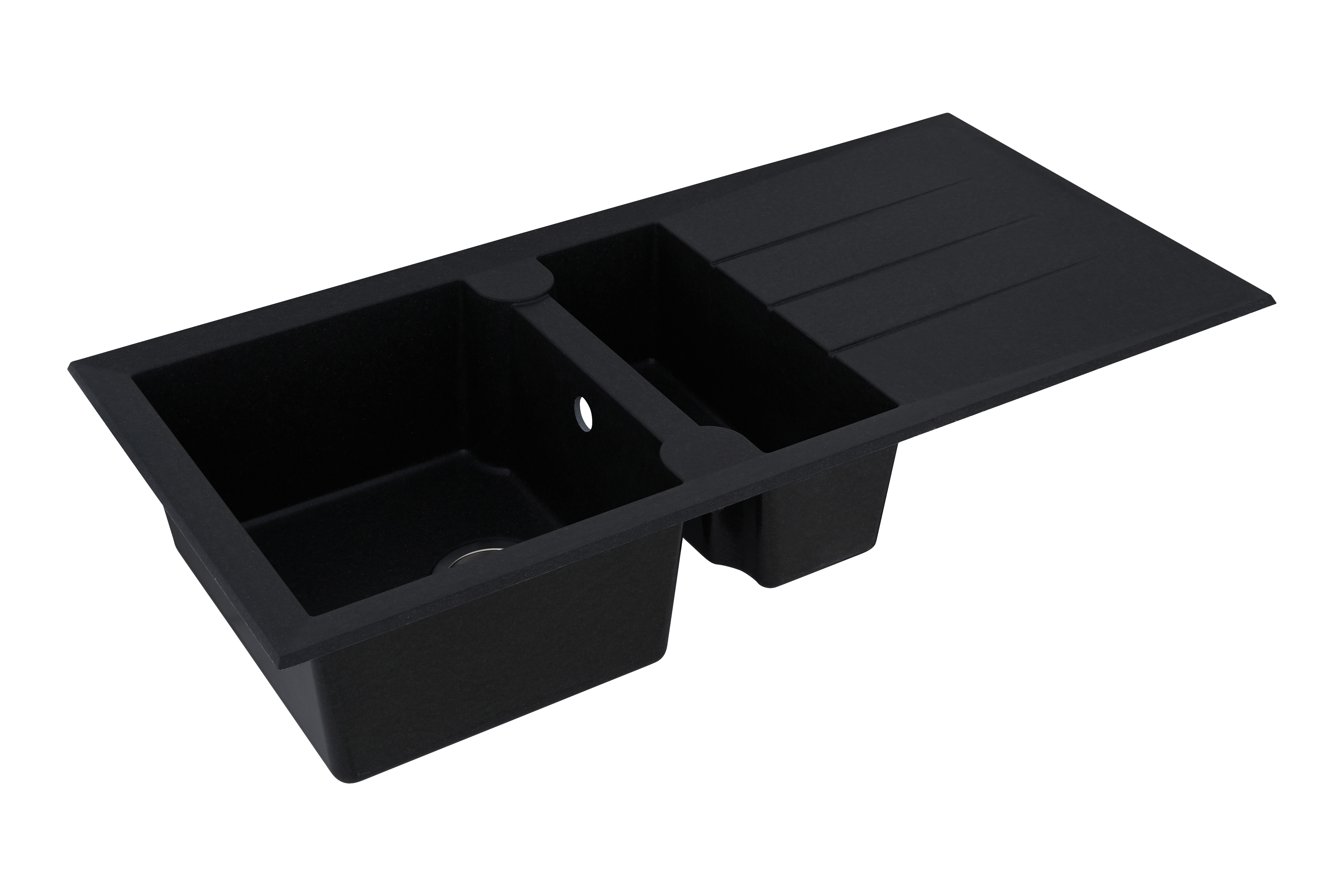 Schwarzes Küchenspülbecken mit zwei Becken und einem Abtropfbrett. Das Waschbecken besteht aus einem matten Material.