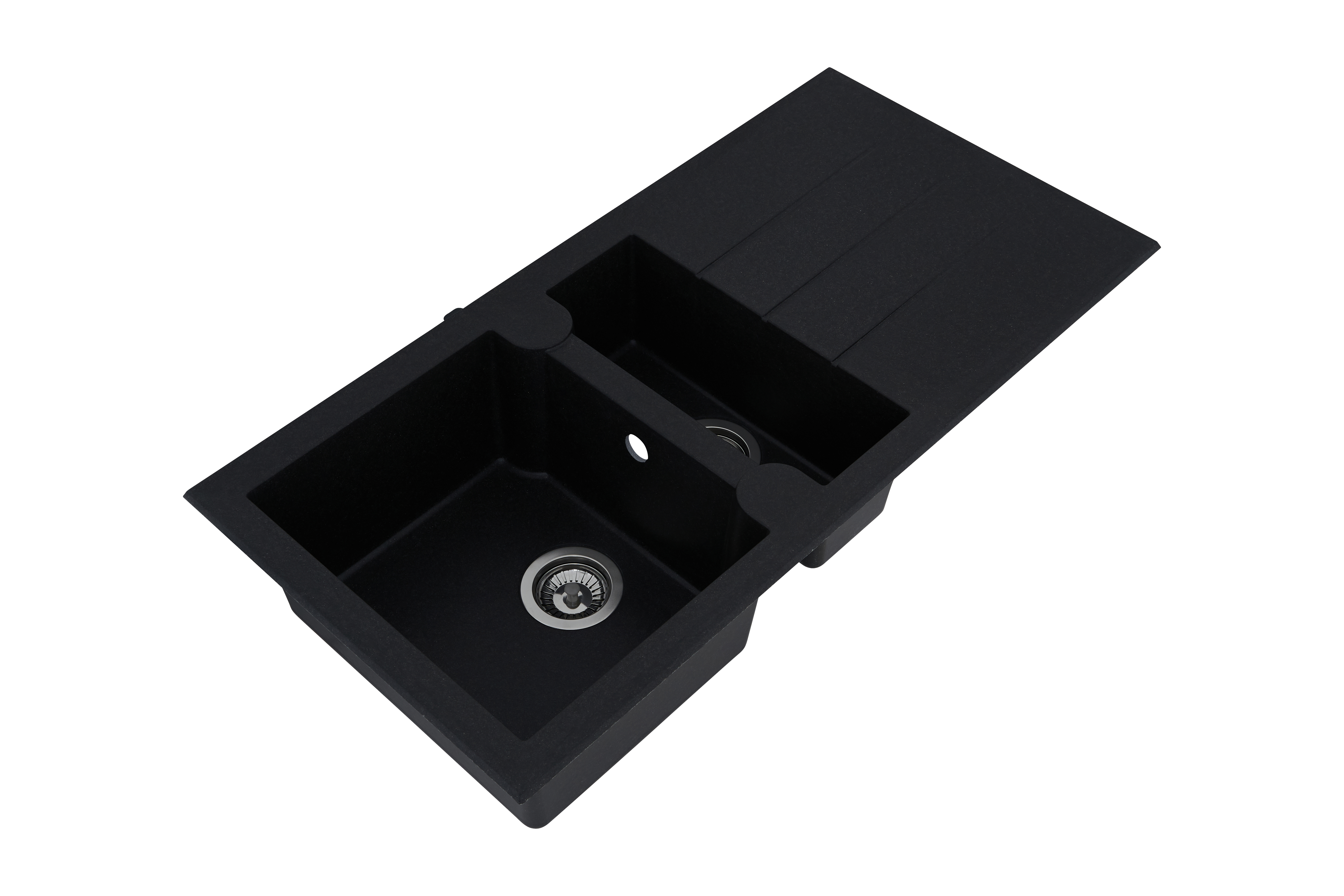 Schwarzes Küchenbecken mit zwei Becken und Abtropffläche.