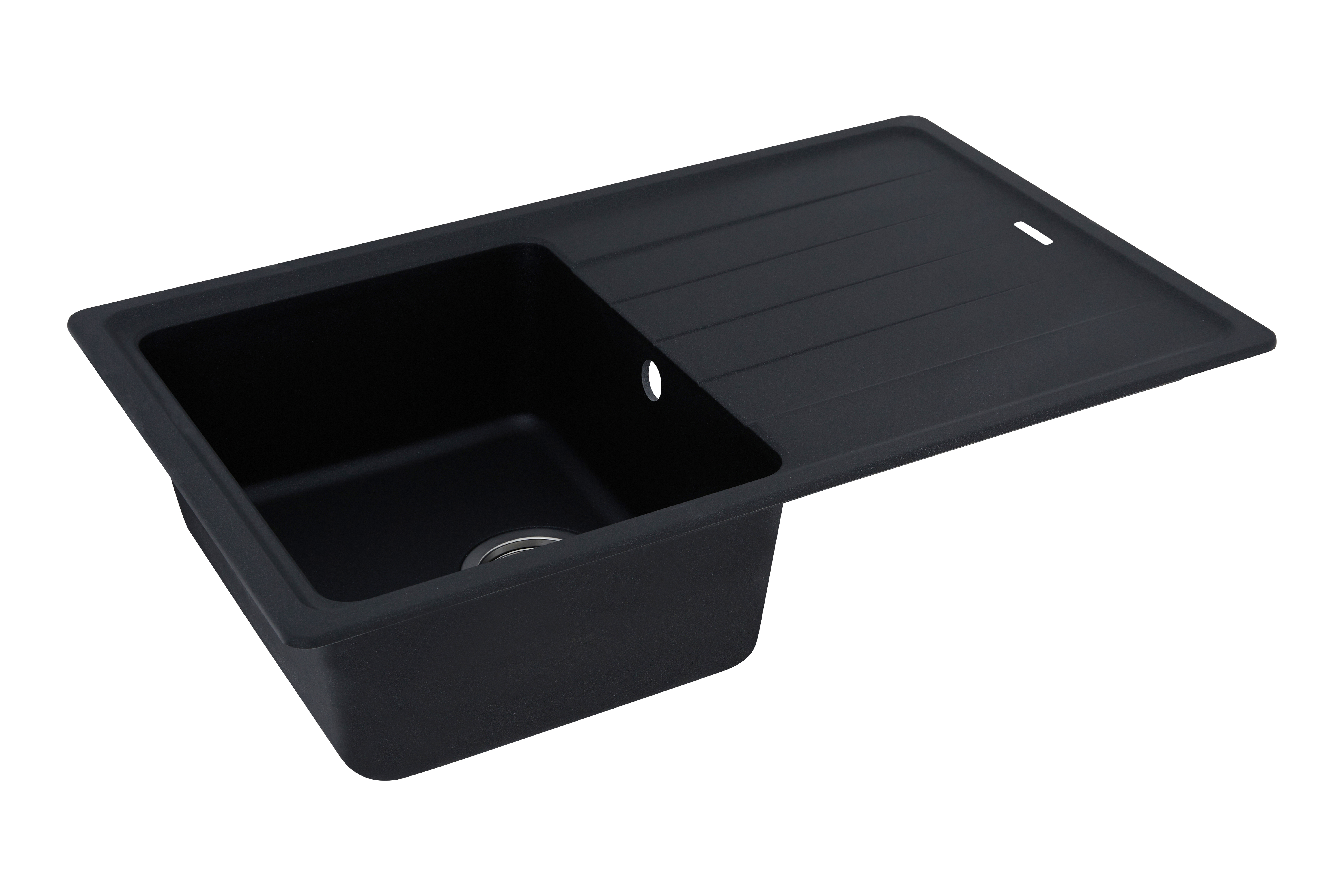 Schwarzes Waschbecken mit Becken und Abtropffläche. Das Waschbecken ist rechteckig.