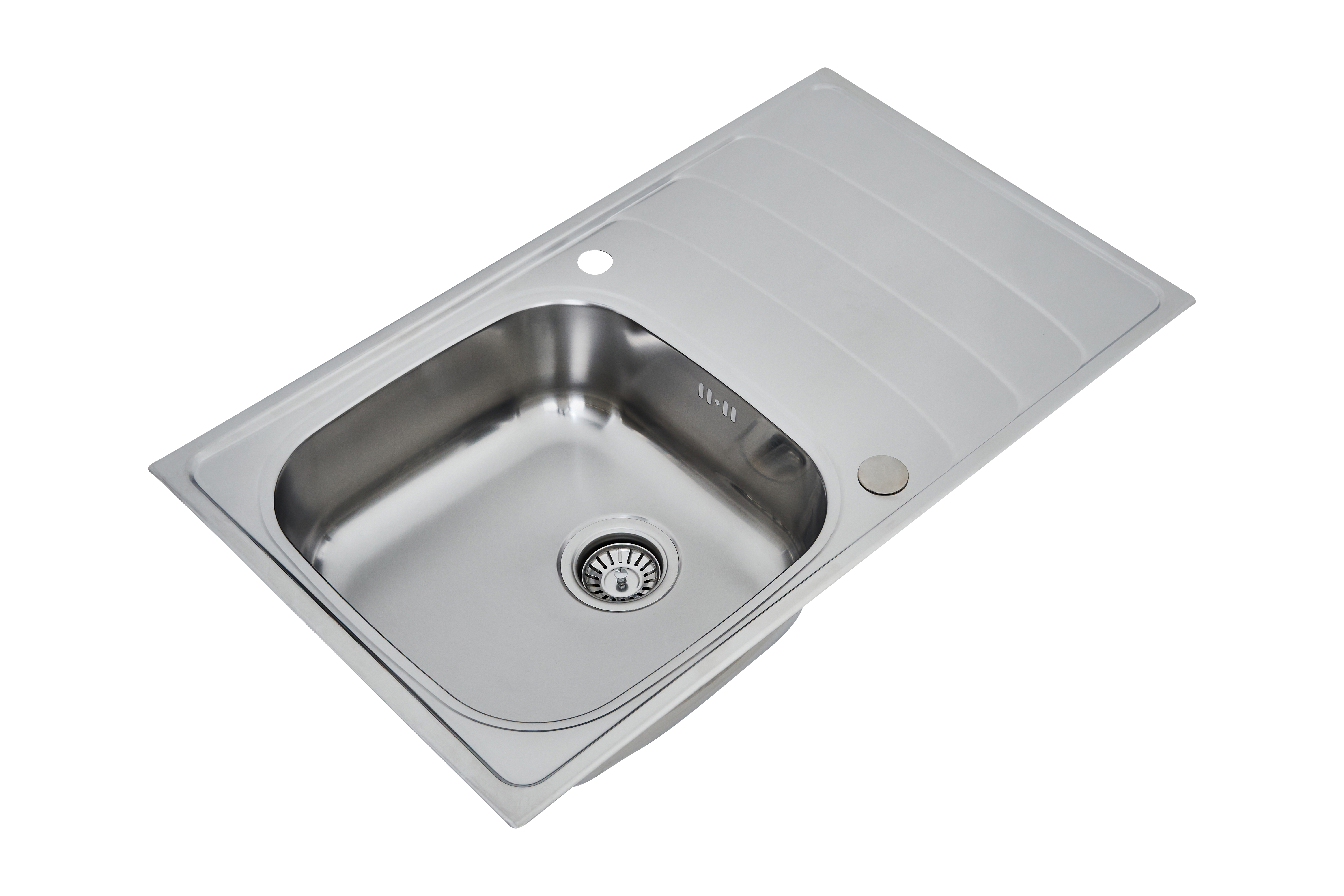 Küchenspüle aus Edelstahl mit Abtropffläche und einem einzigen Wasserhahnloch.