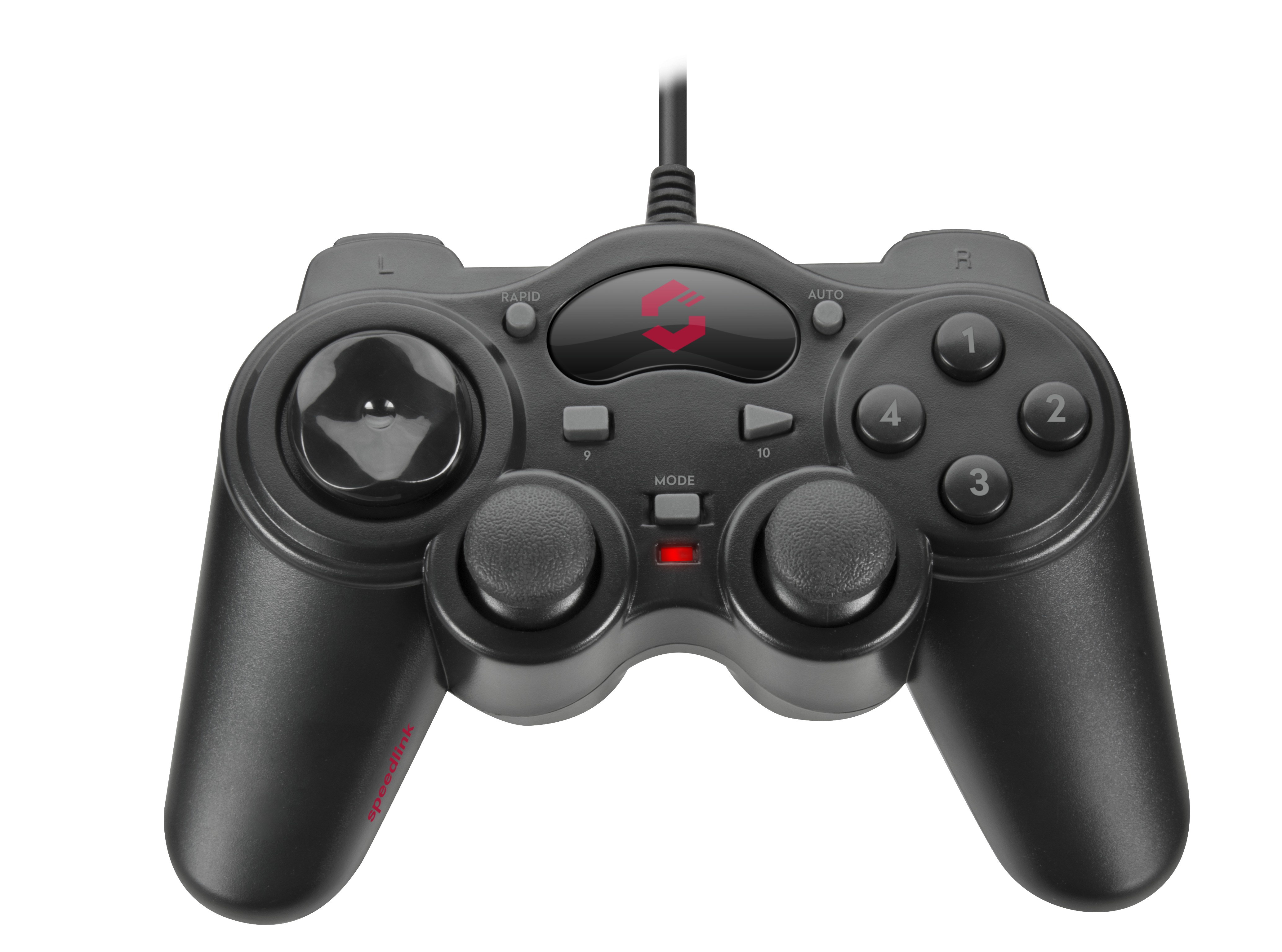 Czarny kontroler do gier z przyciskami i padem kierunkowym. Logo marki jest na środku.