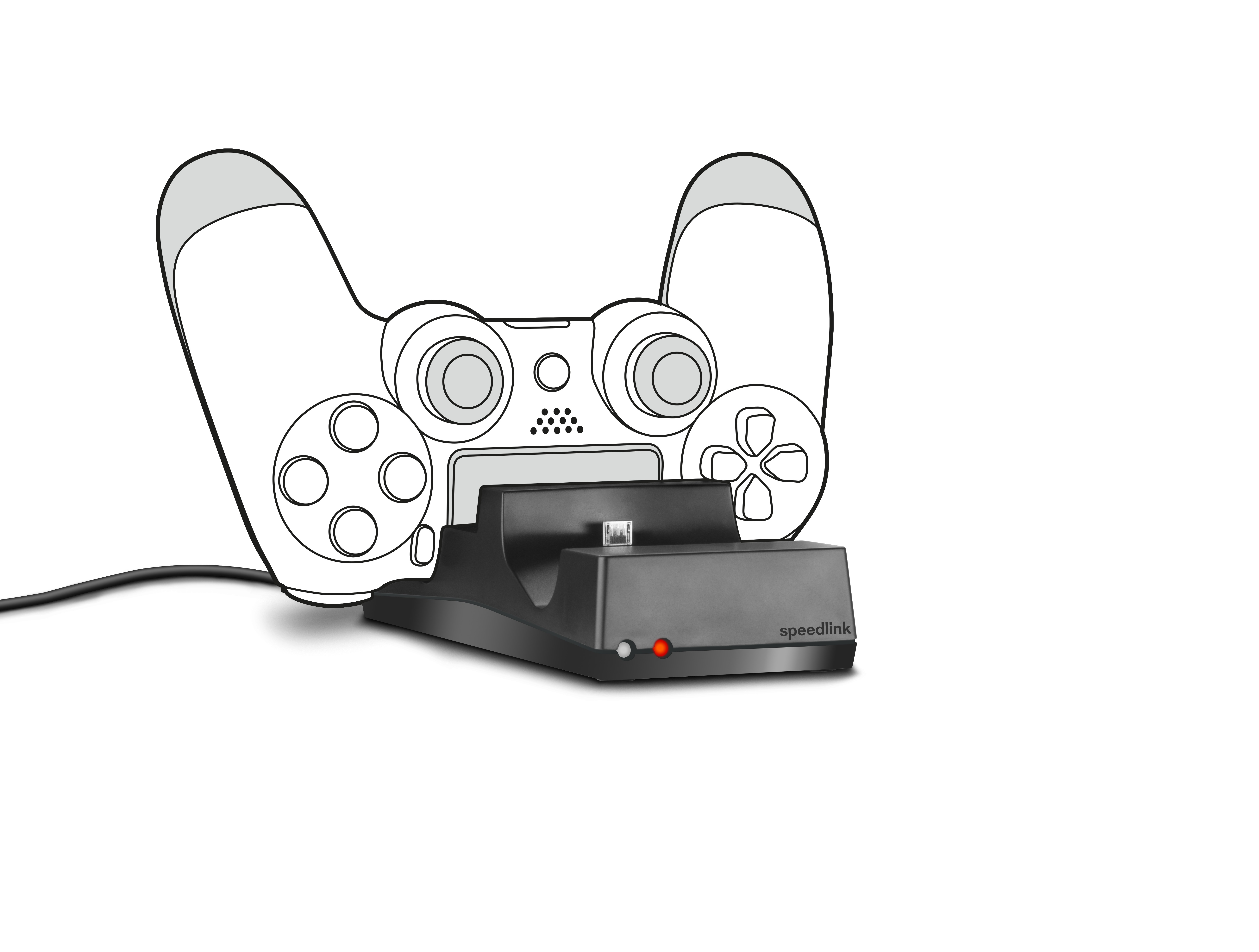 Schwarze Gamepad-Ladestation. Das Gamepad ist weiß. Die Station hat ein rotes Licht.