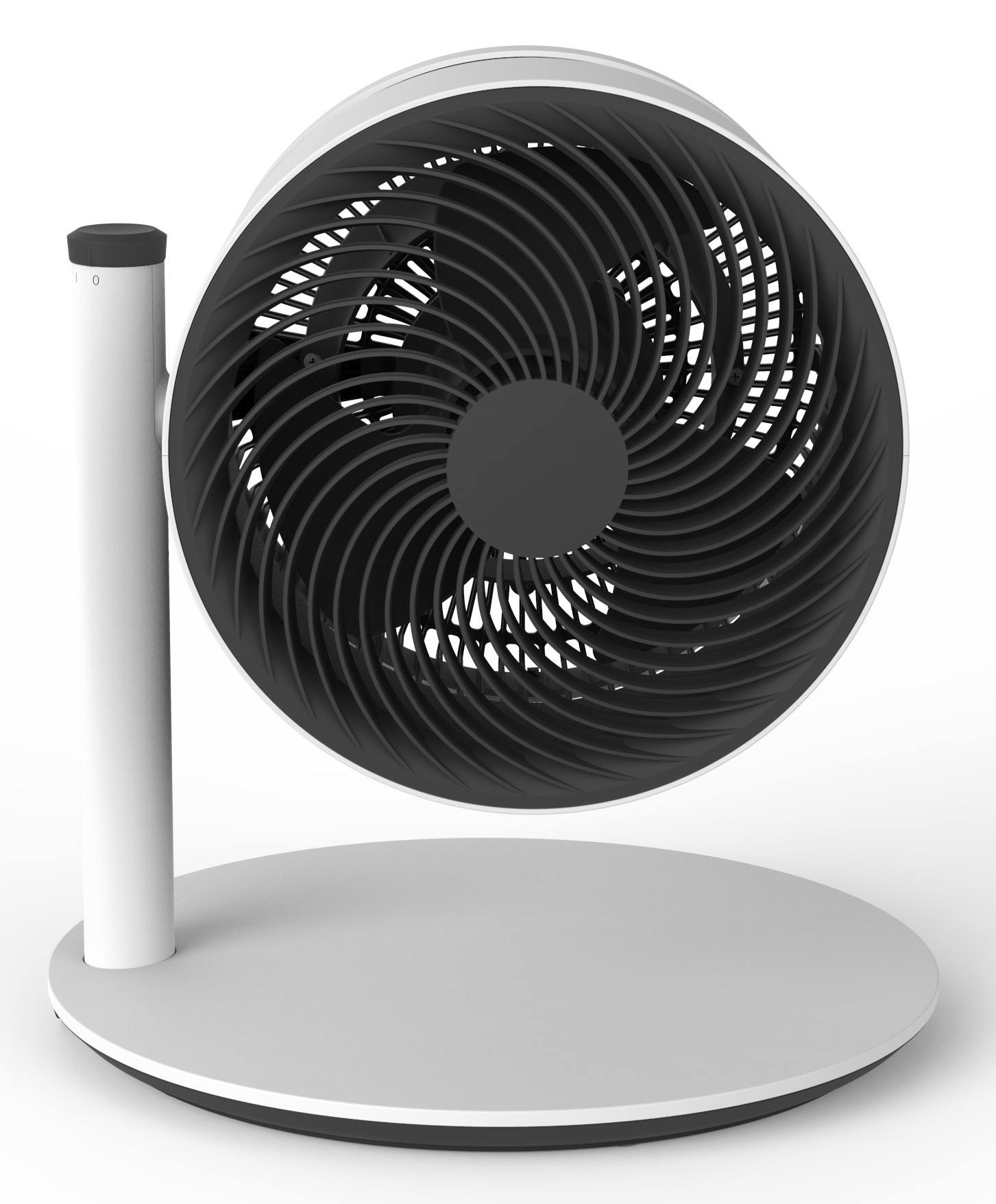Weißer Ventilator mit schwarzen Flügeln. Er steht auf einem runden Sockel. Oben befindet sich ein Regler.