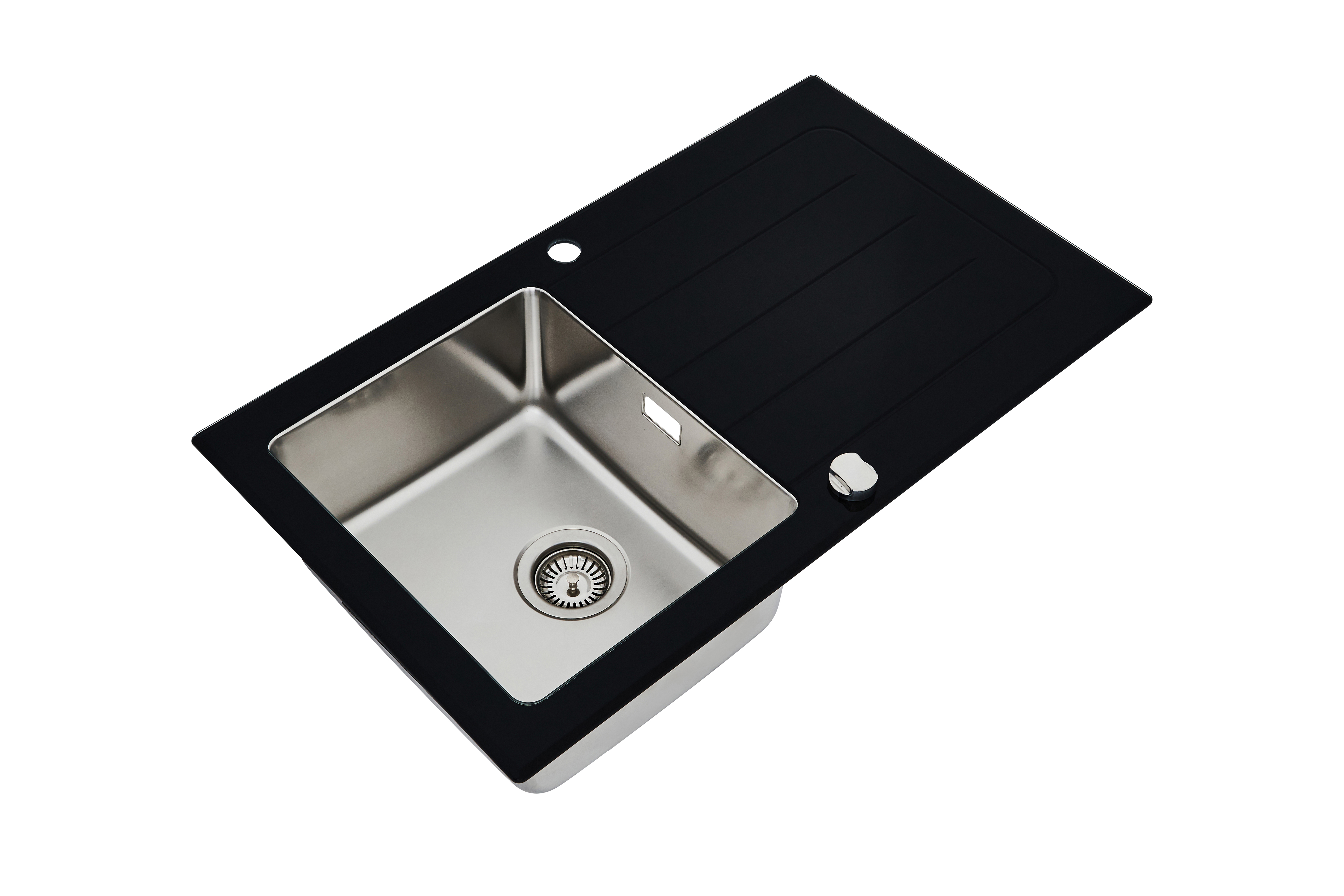 Schwarzes und Edelstahl Küchenspülbecken, rechteckige Form, mit Wasserhahn und Abtropfbrett.